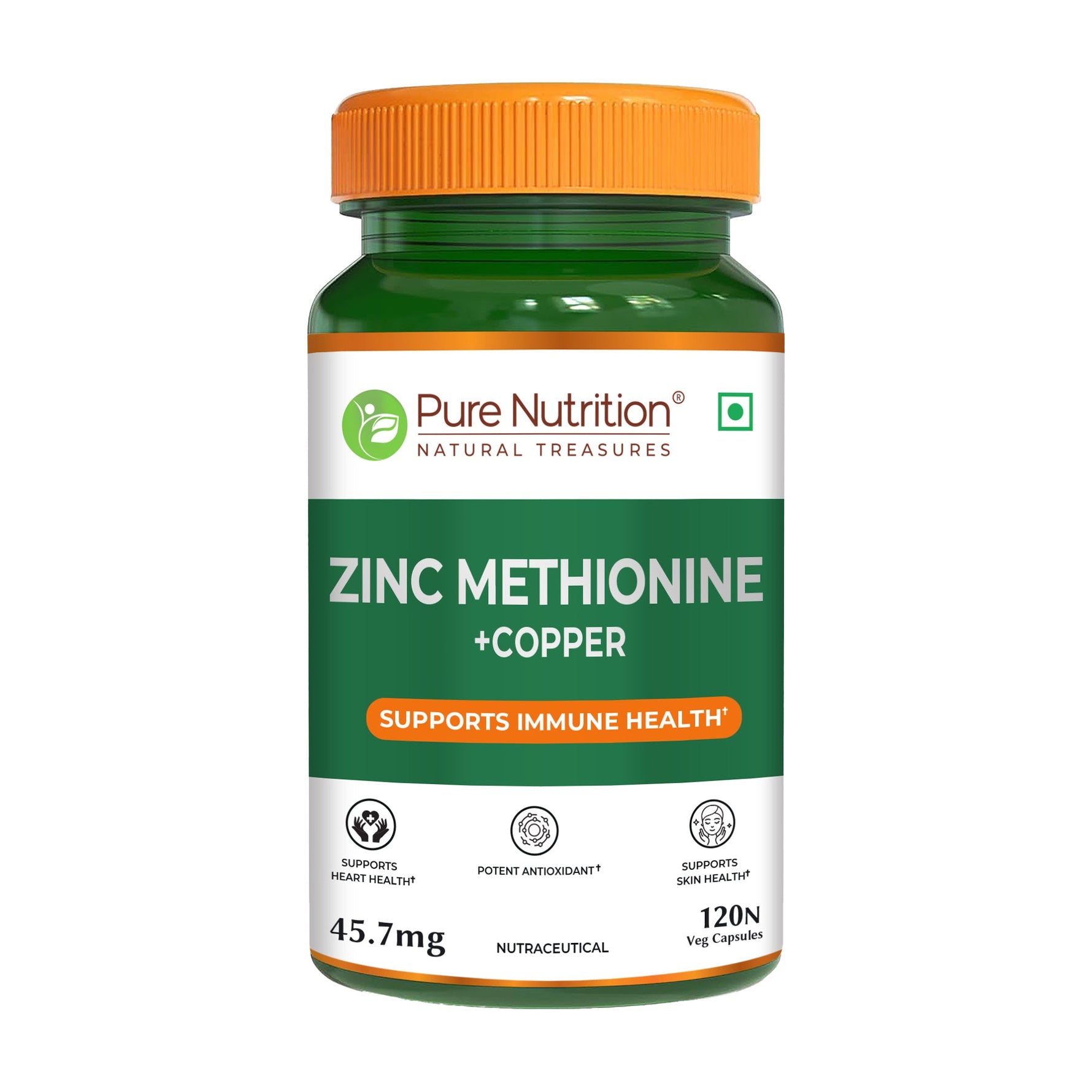Pure Nutrition Zinc Methionine + Copper (45.7mg) – 120 Veg Capsules | High Absorption Zinc Supplement | Supports Immunity, Heart + Skin Health | Antioxidant + Cellular Protection | For Men & Women