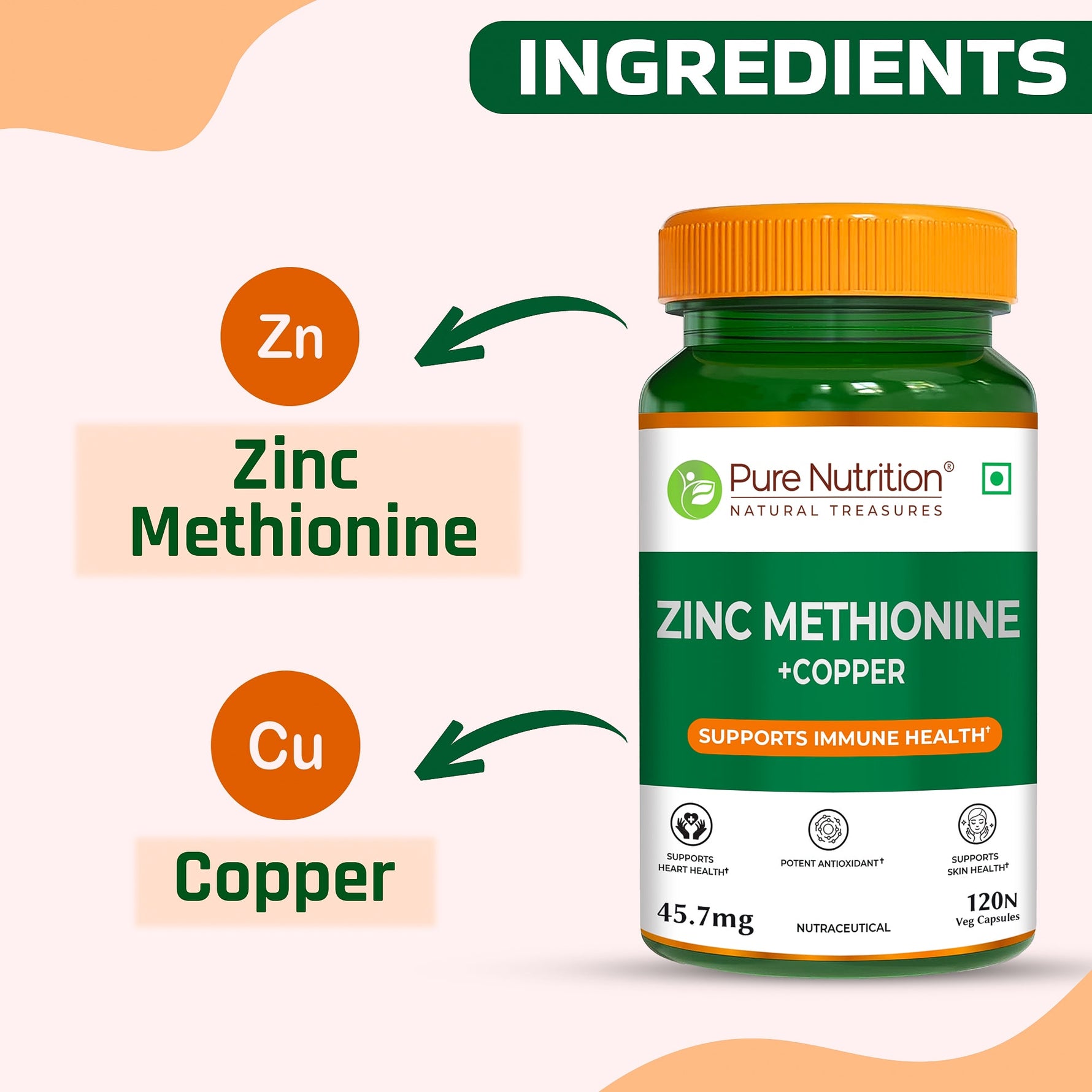 Pure Nutrition Zinc Methionine + Copper (45.7mg) – 120 Veg Capsules | High Absorption Zinc Supplement | Supports Immunity, Heart + Skin Health | Antioxidant + Cellular Protection | For Men & Women