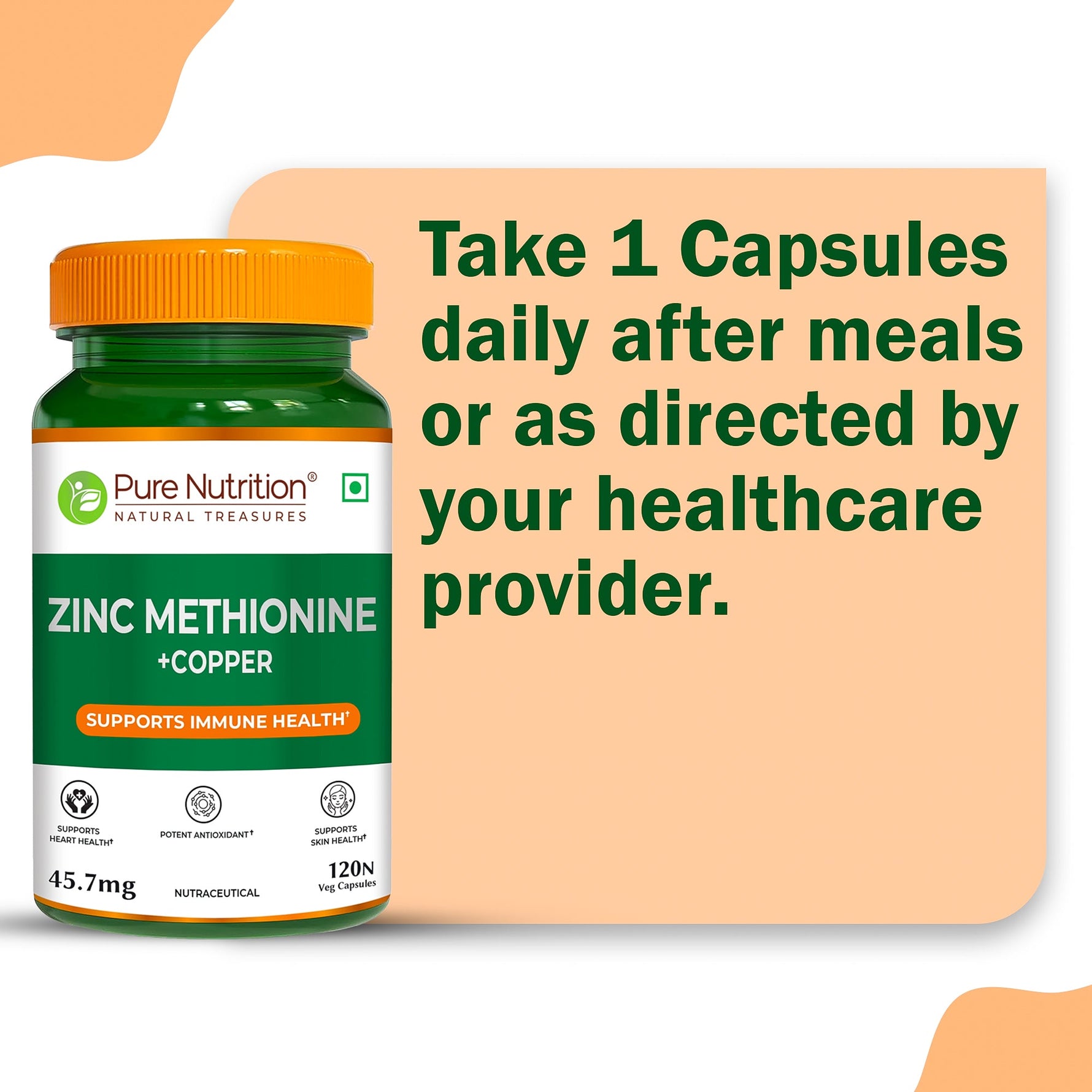 Pure Nutrition Zinc Methionine + Copper (45.7mg) – 120 Veg Capsules | High Absorption Zinc Supplement | Supports Immunity, Heart + Skin Health | Antioxidant + Cellular Protection | For Men & Women
