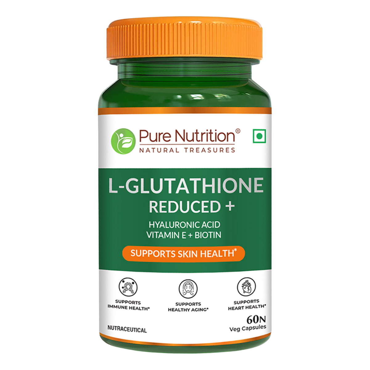 Pure Nutrition Reduced L-Glutathione 60 Veg Capsules | With Hyaluronic Acid, Vitamin E & Biotin | Skin Health, Antioxidant Support, Detox & Skin Brightening | For Men & Women