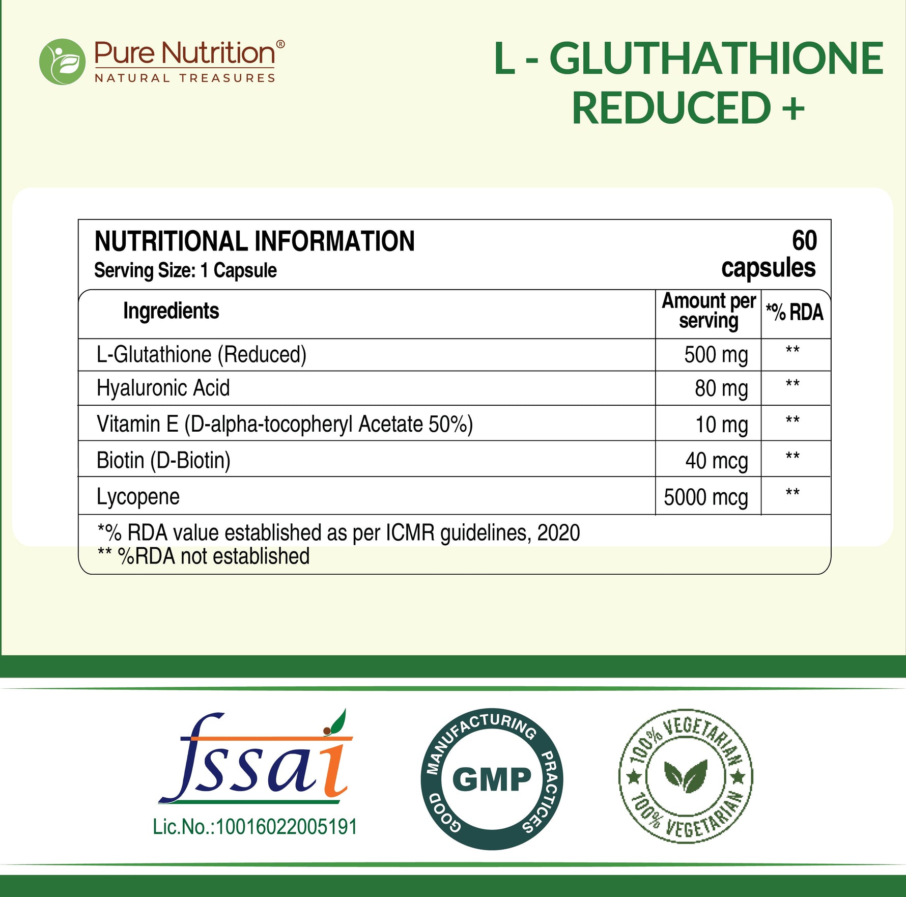 Pure Nutrition Reduced L-Glutathione 60 Veg Capsules | With Hyaluronic Acid, Vitamin E & Biotin | Skin Health, Antioxidant Support, Detox & Skin Brightening | For Men & Women