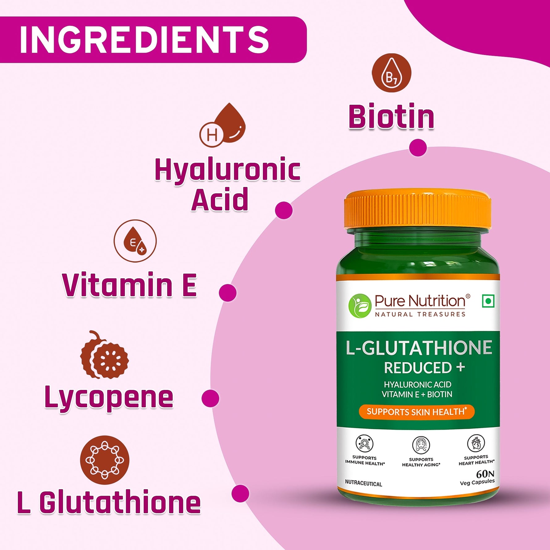 Pure Nutrition Reduced L-Glutathione 60 Veg Capsules | With Hyaluronic Acid, Vitamin E & Biotin | Skin Health, Antioxidant Support, Detox & Skin Brightening | For Men & Women