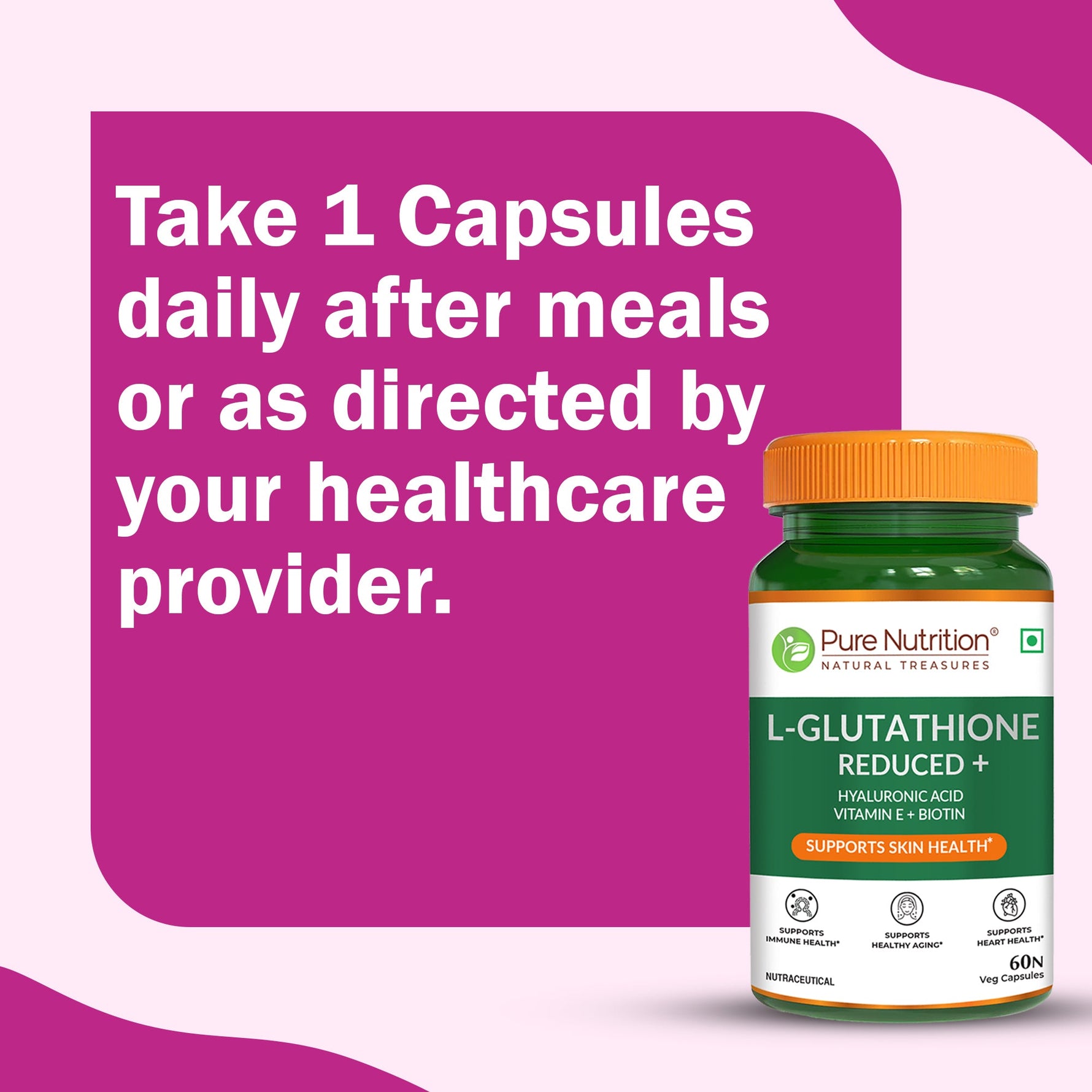 Pure Nutrition Reduced L-Glutathione 60 Veg Capsules | With Hyaluronic Acid, Vitamin E & Biotin | Skin Health, Antioxidant Support, Detox & Skin Brightening | For Men & Women