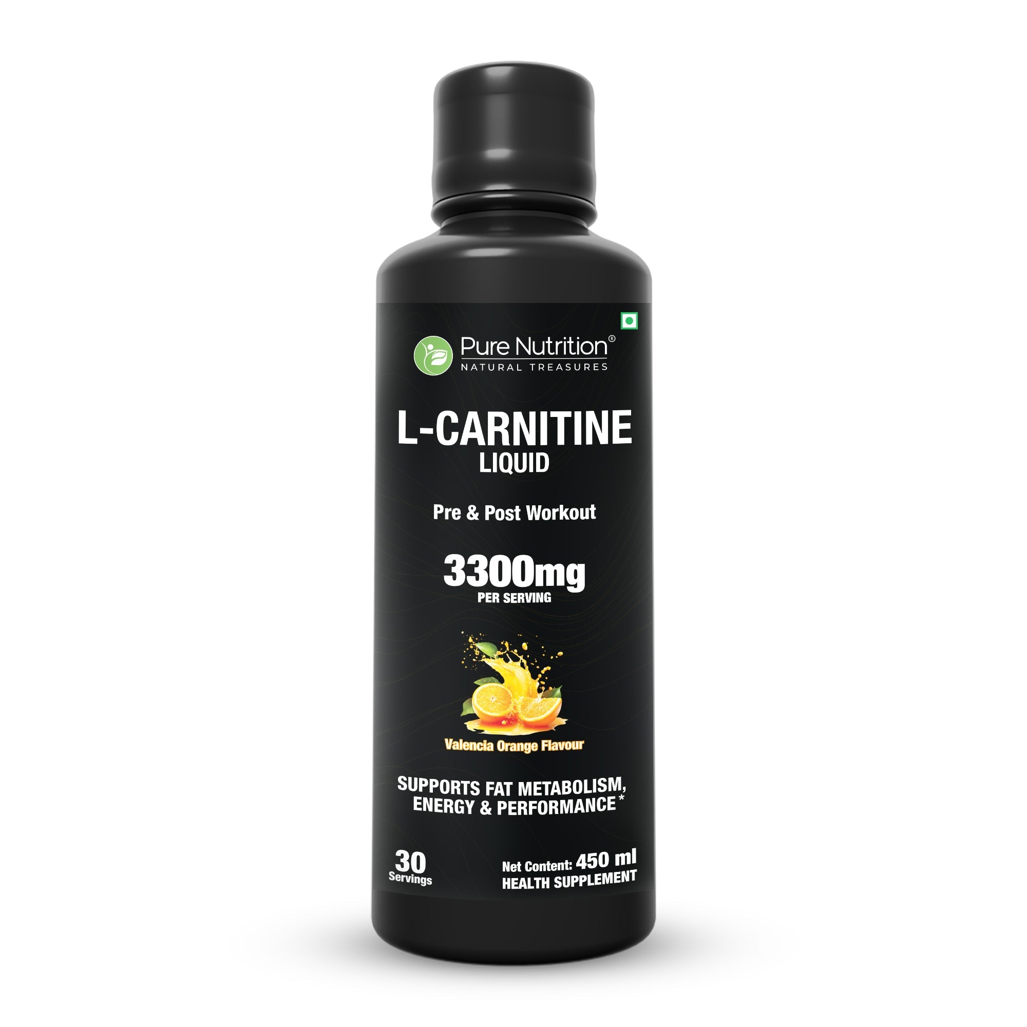 Pure Nutrition L-Carnitine Liquid 3300mg – 450ml | Valencia Orange Flavour | Pre & Post Workout Supplement for Men & Women | Supports Fat Metabolism, Energy & Performance | Sugar-Free