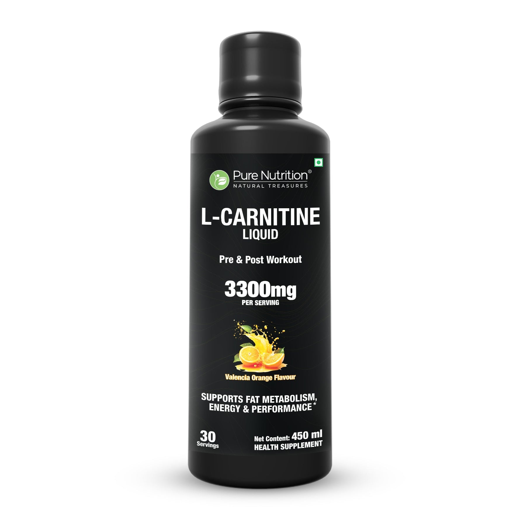 Pure Nutrition L-Carnitine Liquid 3300mg – 450ml | Valencia Orange Flavour | Pre & Post Workout Supplement for Men & Women | Supports Fat Metabolism, Energy & Performance | Sugar-Free