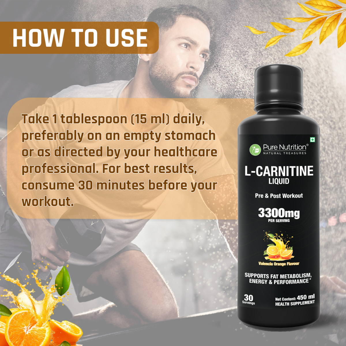 Pure Nutrition L-Carnitine Liquid 3300mg – 450ml | Valencia Orange Flavour | Pre & Post Workout Supplement for Men & Women | Supports Fat Metabolism, Energy & Performance | Sugar-Free
