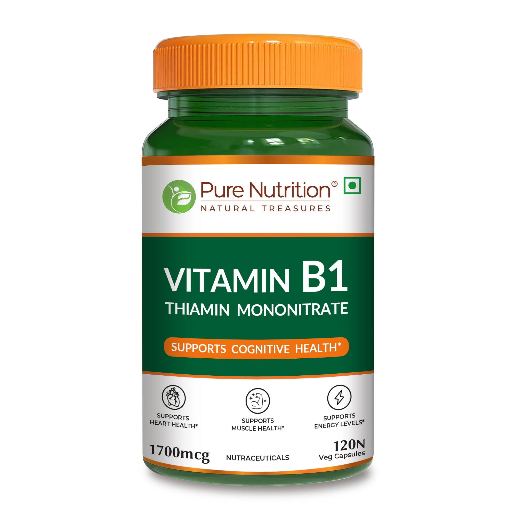 Pure Nutrition Vitamin B1 (Thiamine Mononitrate) 1700 mcg – 120 Veg Capsules | Supports Energy, Brain, Heart & Muscle Health