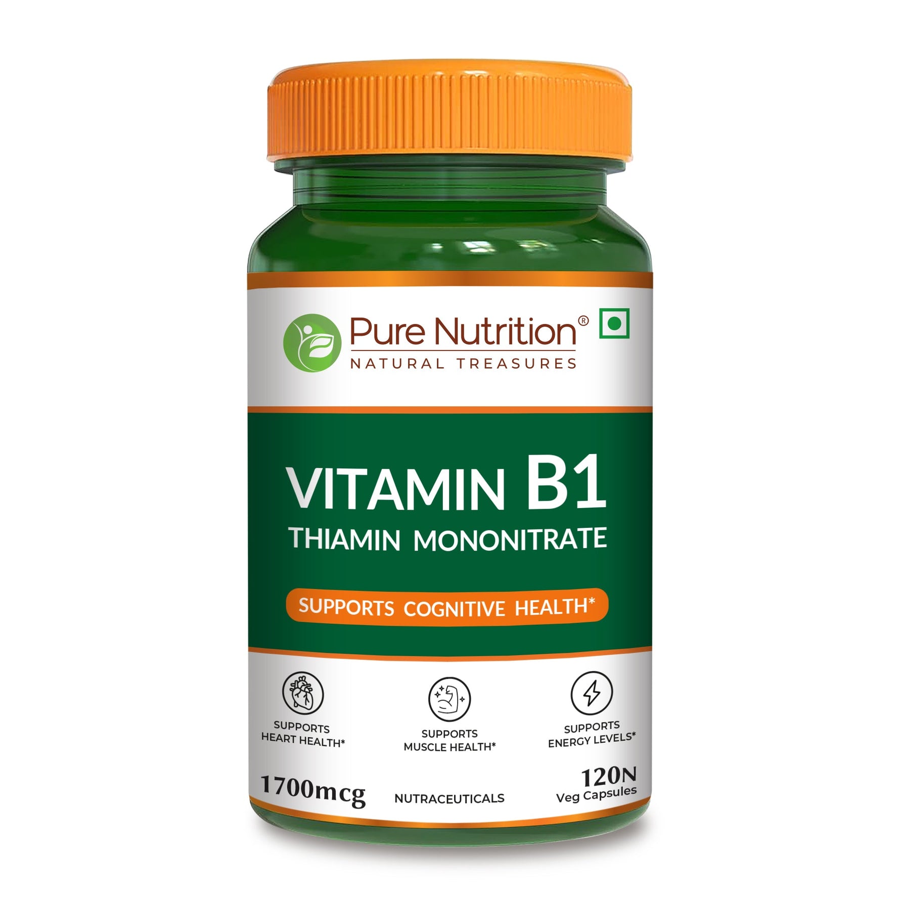 Pure Nutrition Vitamin B1 (Thiamine Mononitrate) 1700 mcg – 120 Veg Capsules | Supports Energy, Brain, Heart & Muscle Health