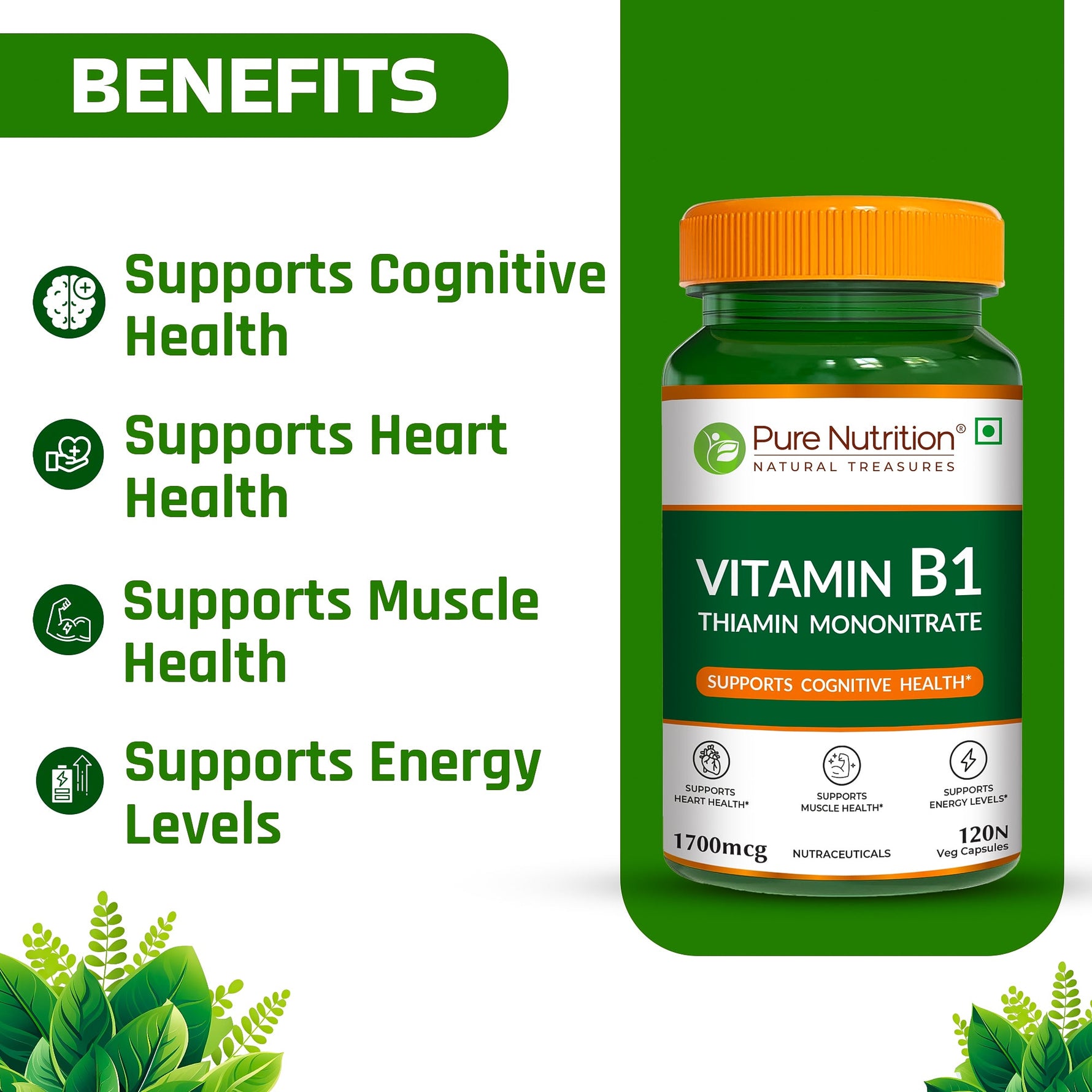 Pure Nutrition Vitamin B1 (Thiamine Mononitrate) 1700 mcg – 120 Veg Capsules | Supports Energy, Brain, Heart & Muscle Health