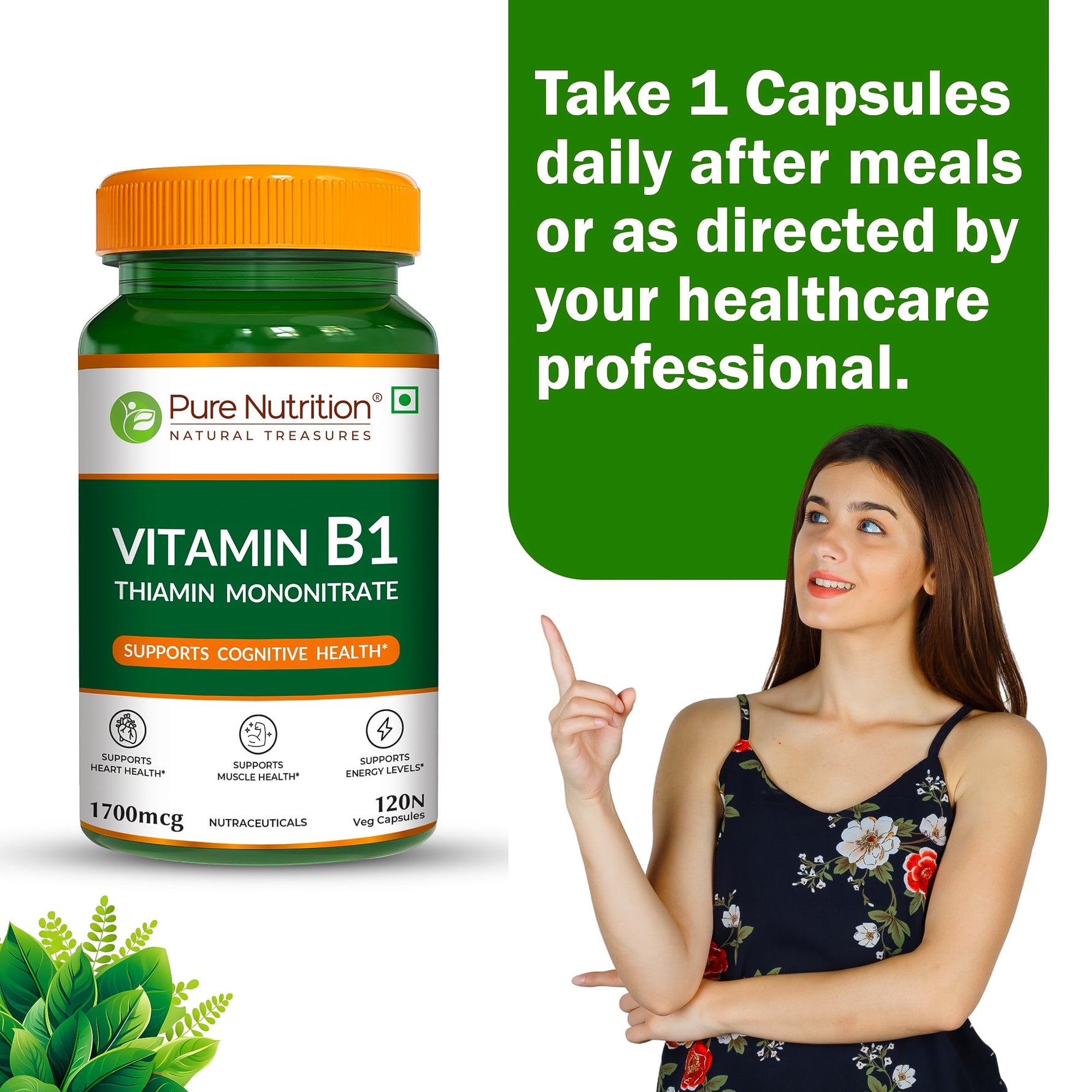 Pure Nutrition Vitamin B1 (Thiamine Mononitrate) 1700 mcg – 120 Veg Capsules | Supports Energy, Brain, Heart & Muscle Health