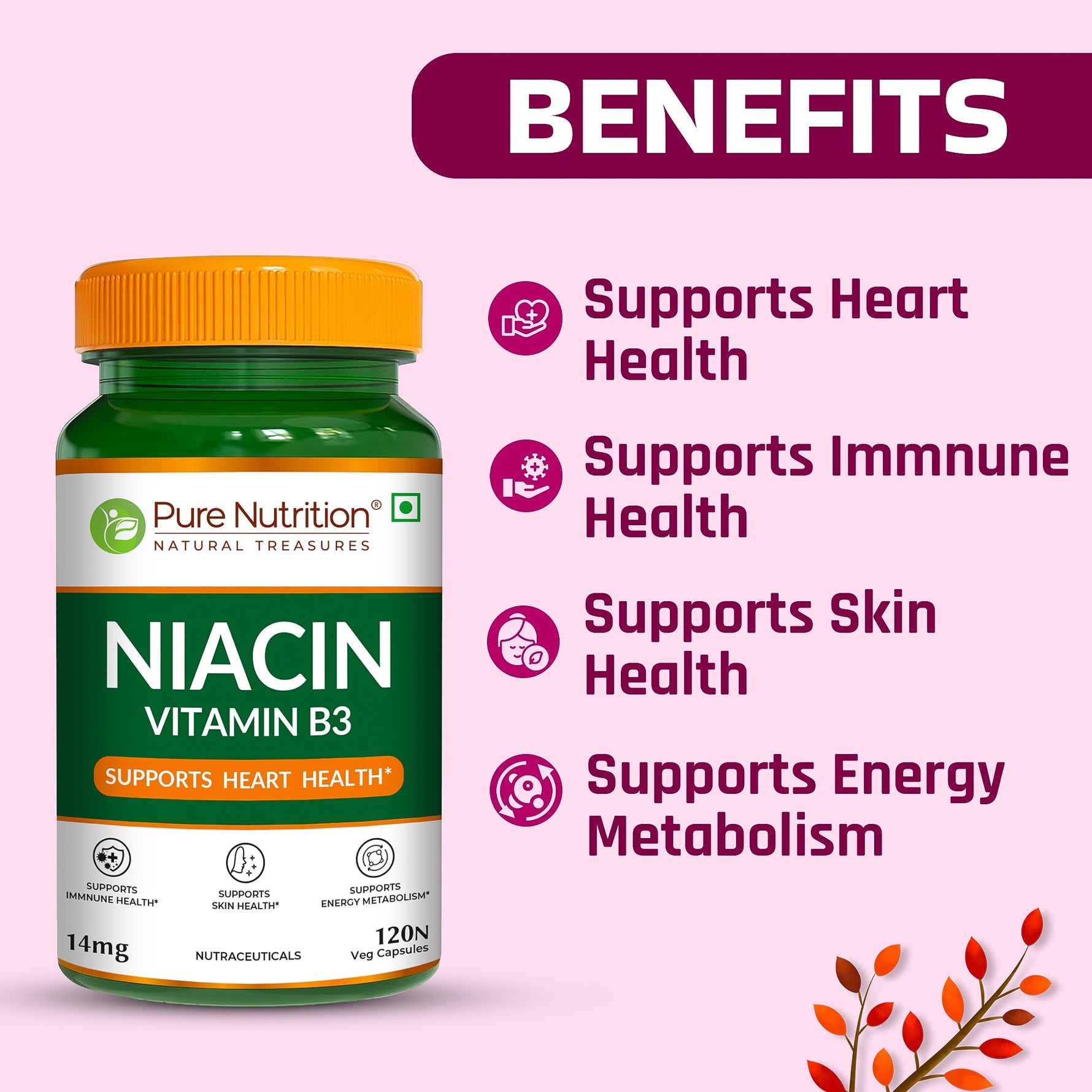 Pure Nutrition Niacin Vitamin B3 (14 mg) – 120 Veg Capsules | Supports Immune Function, Cellular Energy, Skin Health & Energy Metabolism