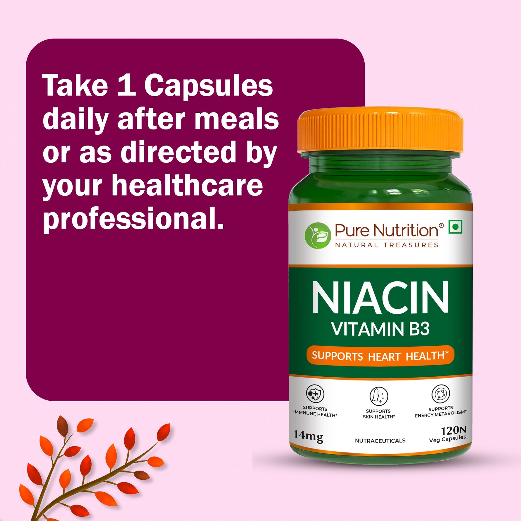 Pure Nutrition Niacin Vitamin B3 (14 mg) – 120 Veg Capsules | Supports Immune Function, Cellular Energy, Skin Health & Energy Metabolism