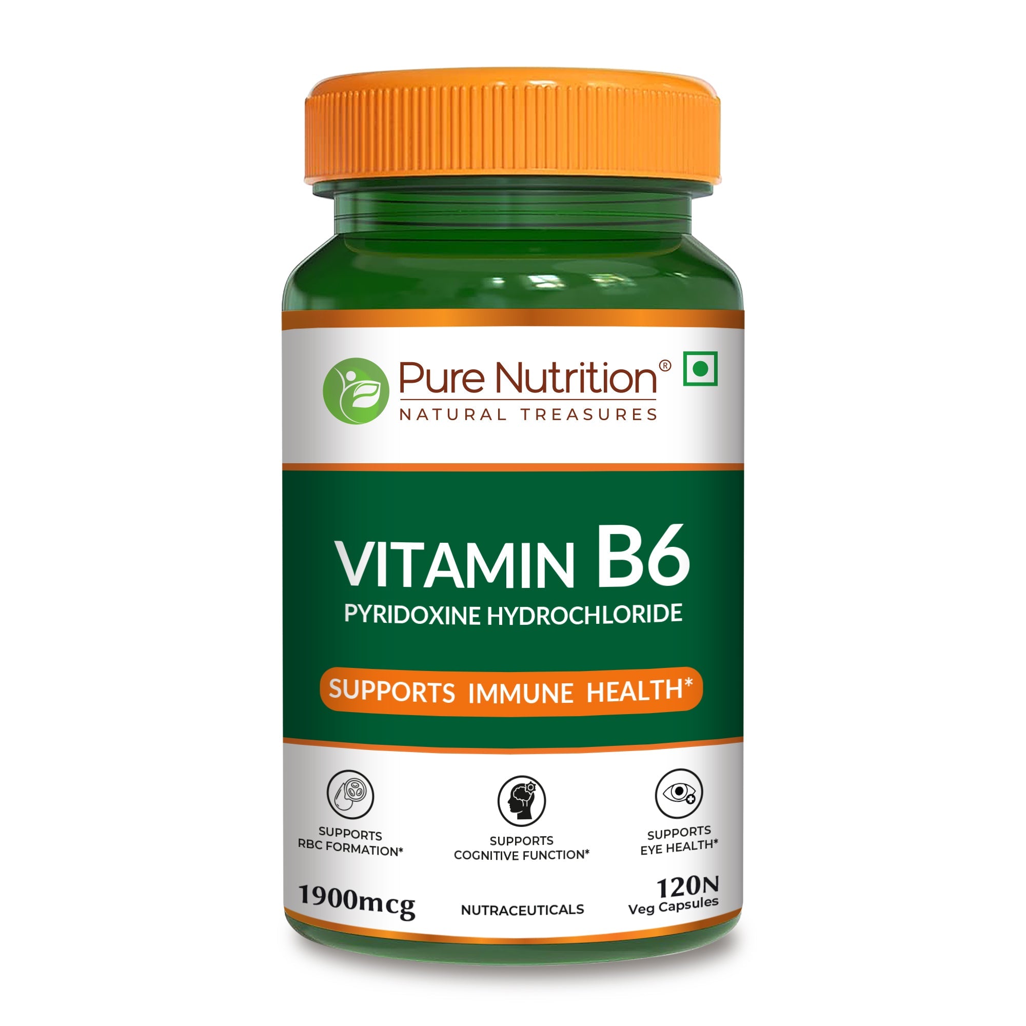 Pure Nutrition Vitamin B6-1900mcg (Pyridoxine HCl) – 120 Veg Capsules | Supports Energy, Immune & Brain Health | Maintains Eye Health & Nervous System Function