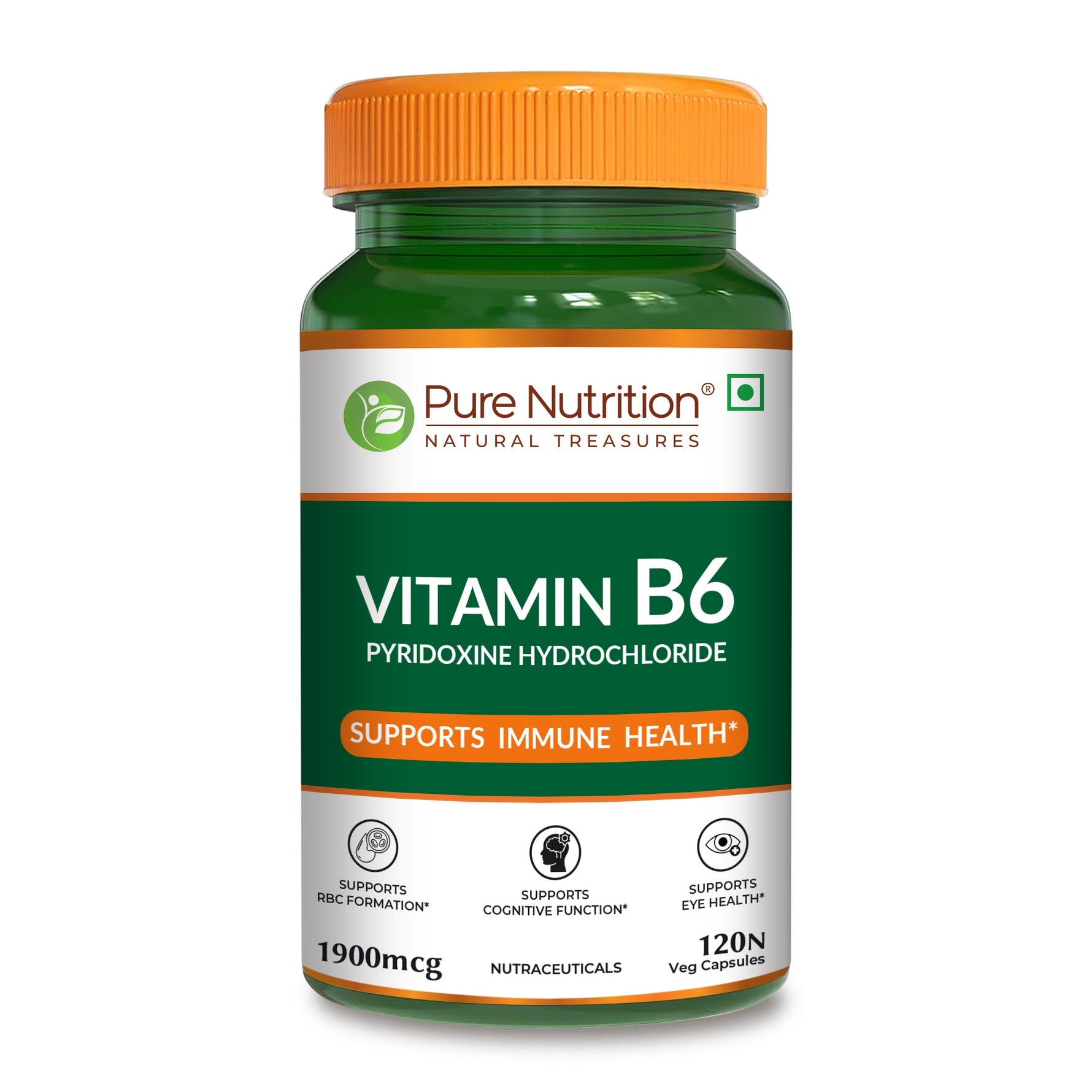 Pure Nutrition Vitamin B6-1900mcg (Pyridoxine HCl) – 120 Veg Capsules | Supports Energy, Immune & Brain Health | Maintains Eye Health & Nervous System Function