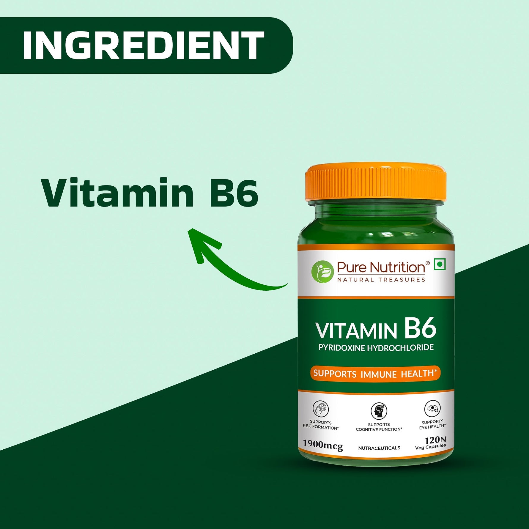 Pure Nutrition Vitamin B6-1900mcg (Pyridoxine HCl) – 120 Veg Capsules | Supports Energy, Immune & Brain Health | Maintains Eye Health & Nervous System Function