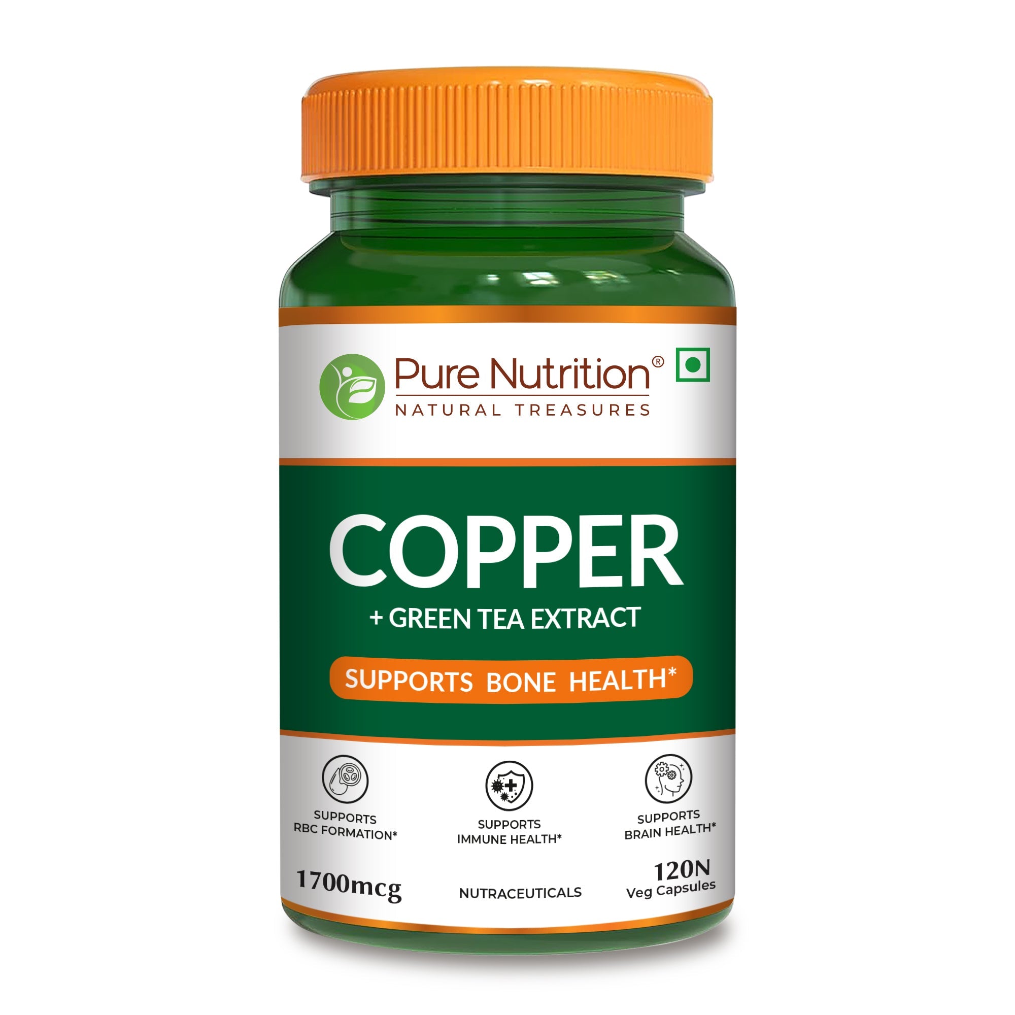 Pure Nutrition Copper (1700mcg) Supplement with Green Tea Extract, 120 Veg Capsules | Support Connective Tissues, Brain Health, Boost Immunity | For Men & Women
