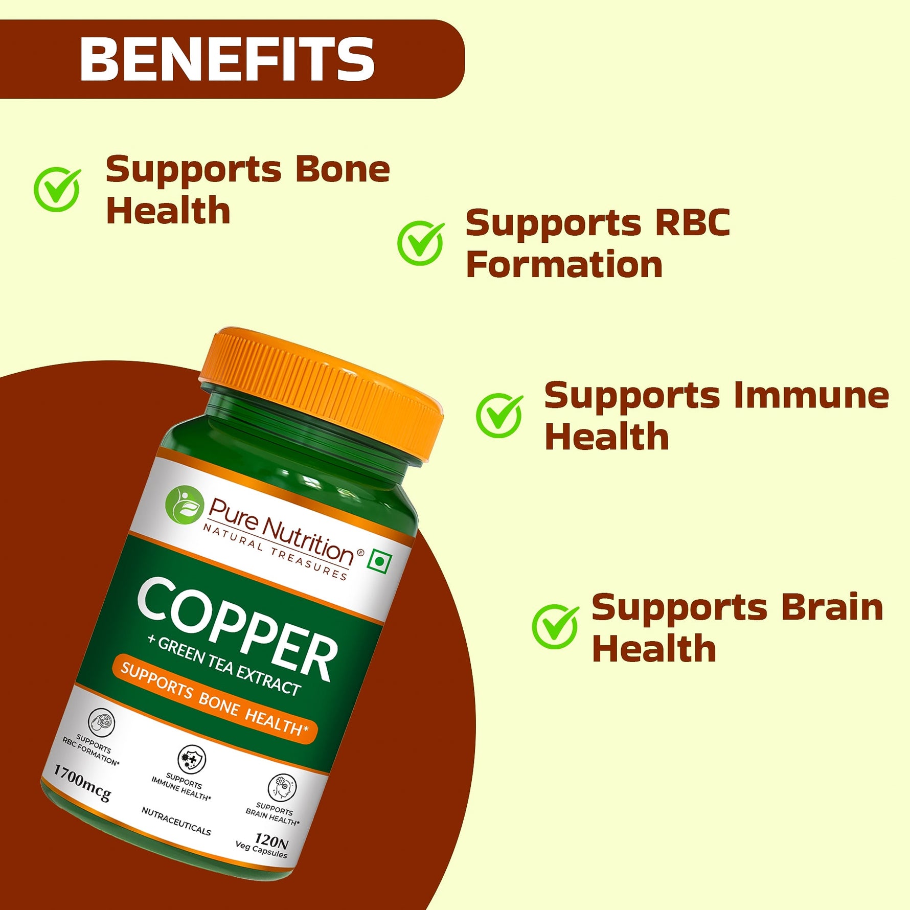 Pure Nutrition Copper (1700mcg) Supplement with Green Tea Extract, 120 Veg Capsules | Support Connective Tissues, Brain Health, Boost Immunity | For Men & Women