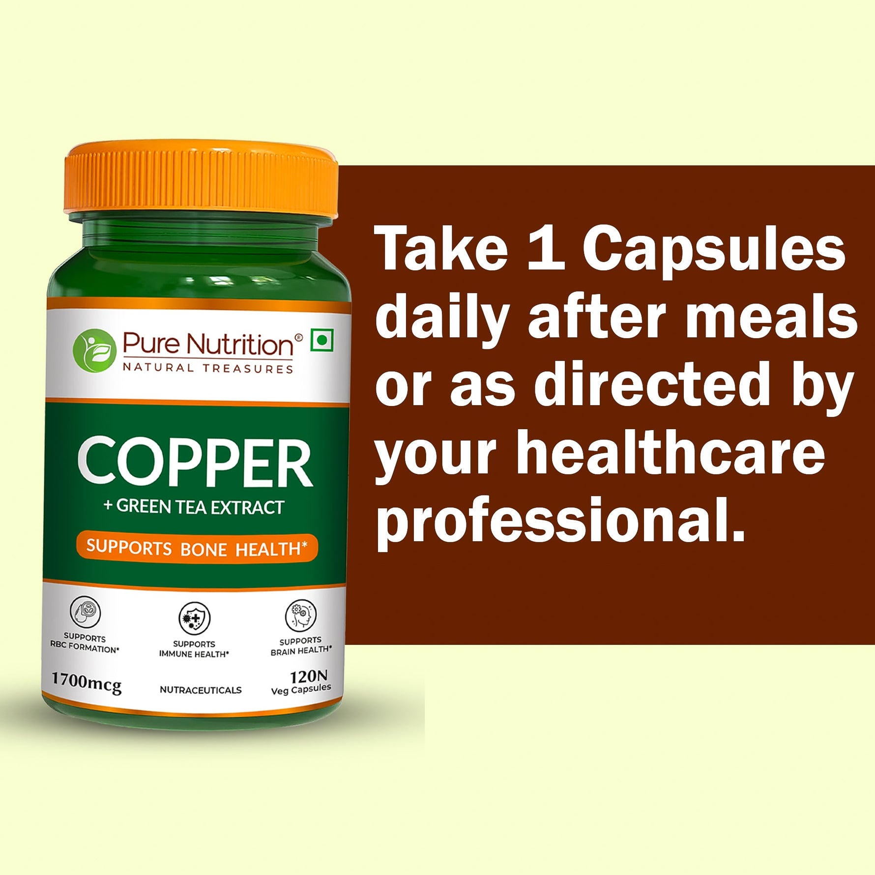 Pure Nutrition Copper (1700mcg) Supplement with Green Tea Extract, 120 Veg Capsules | Support Connective Tissues, Brain Health, Boost Immunity | For Men & Women