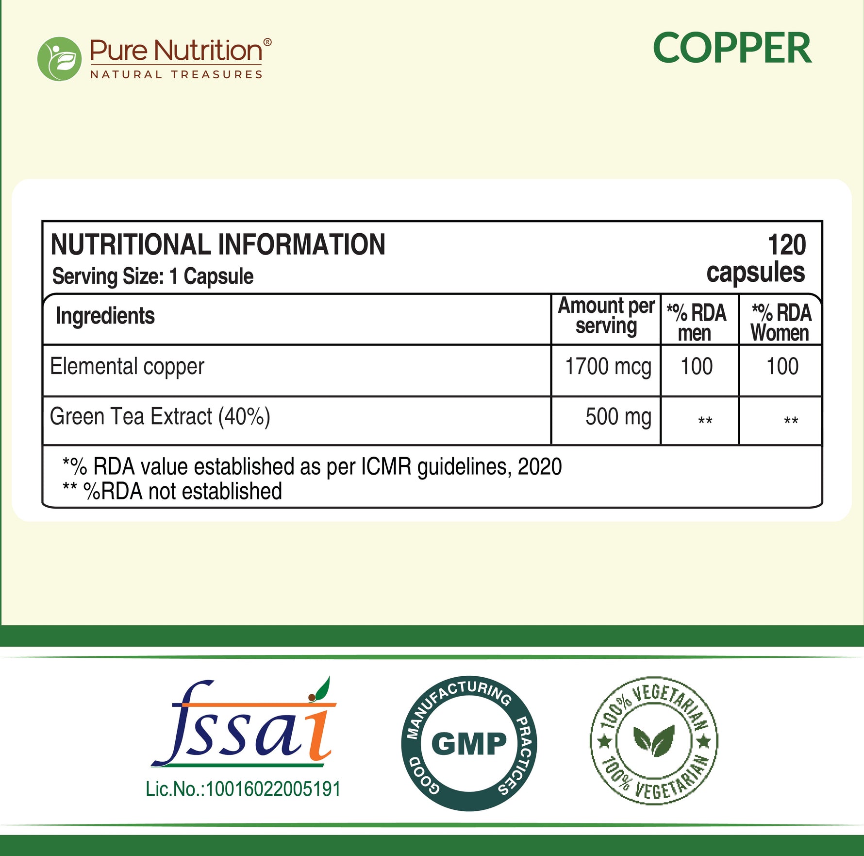 Pure Nutrition Copper (1700mcg) Supplement with Green Tea Extract, 120 Veg Capsules | Support Connective Tissues, Brain Health, Boost Immunity | For Men & Women