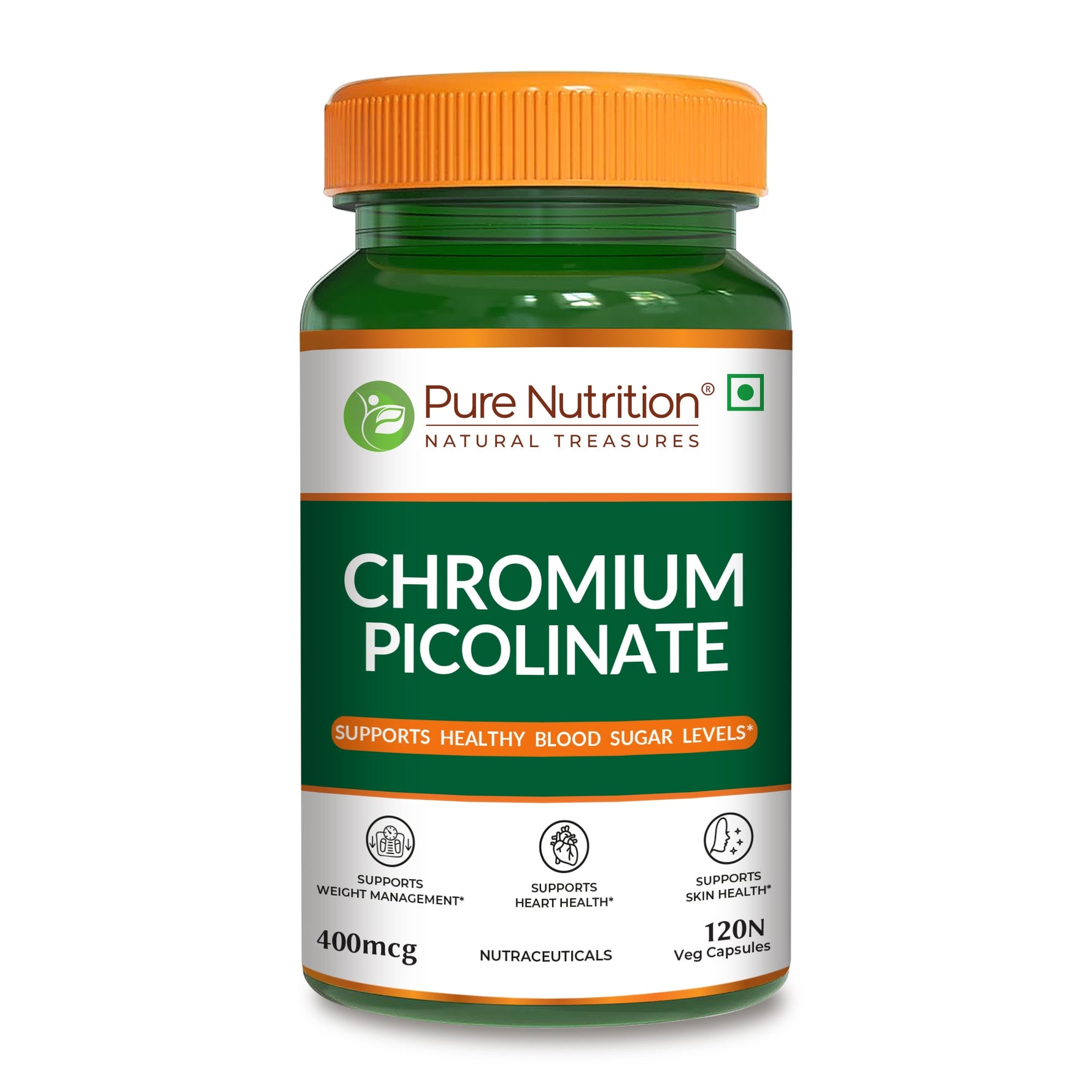 Pure Nutrition Chromium Picolinate (400mcg) - 120 Veg Capsules, | For Healthy Blood Sugar Level | Support Weight Management, Heart Health And Skin Health
