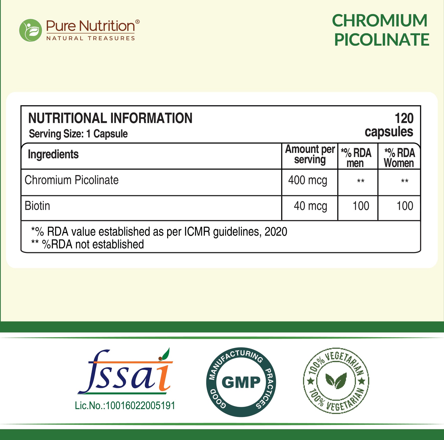 Pure Nutrition Chromium Picolinate (400mcg) - 120 Veg Capsules, | For Healthy Blood Sugar Level | Support Weight Management, Heart Health And Skin Health