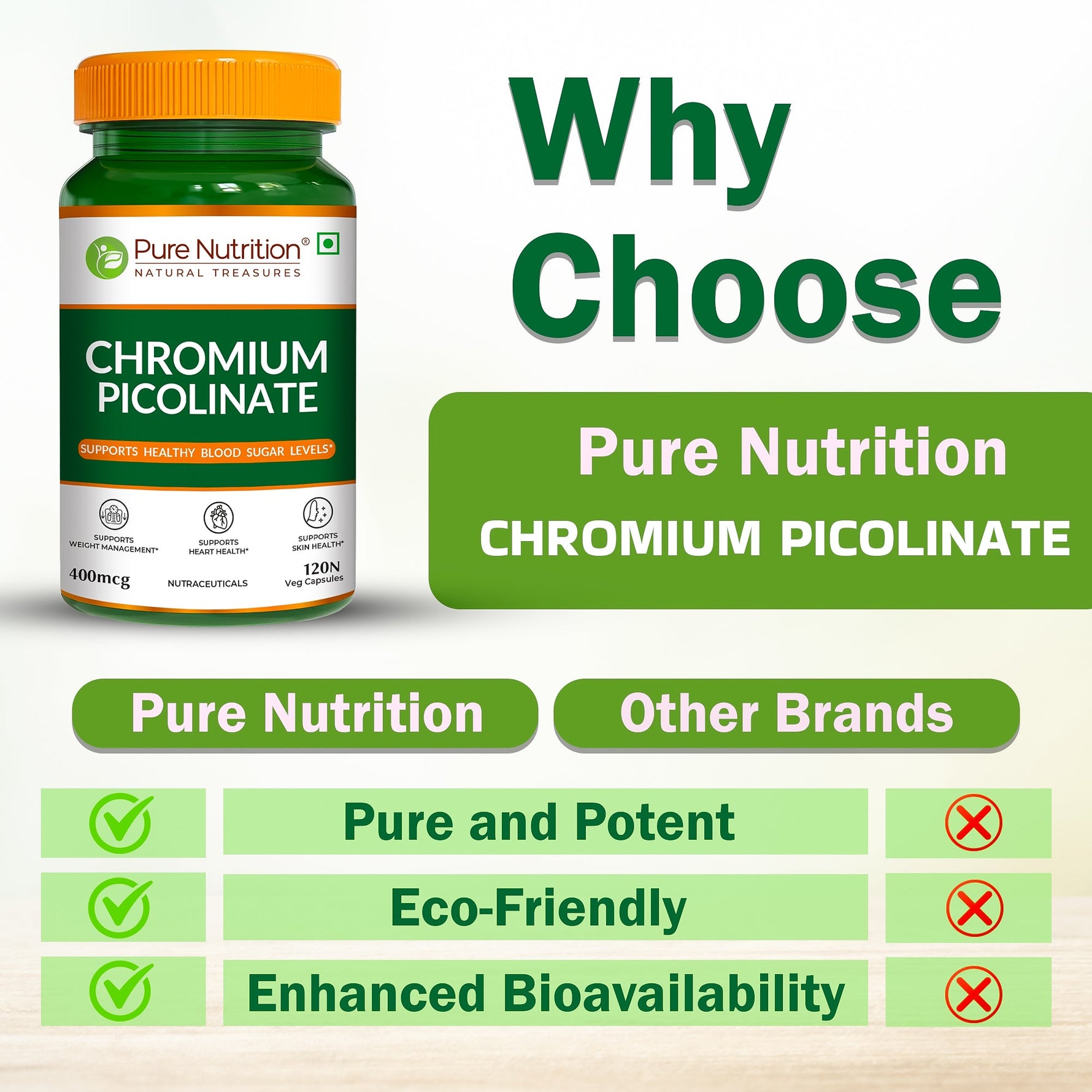 Pure Nutrition Chromium Picolinate (400mcg) - 120 Veg Capsules, | For Healthy Blood Sugar Level | Support Weight Management, Heart Health And Skin Health