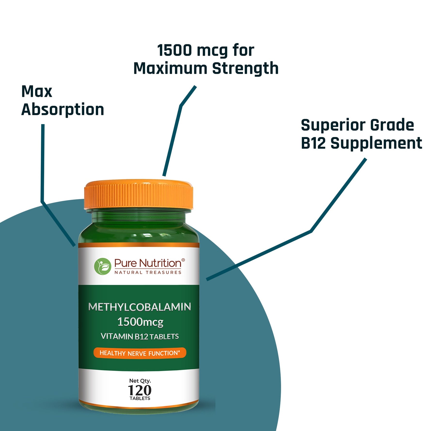 Pure Nutrition Vitamin B12 (1500mcg) - 120 Veg Tablets | Methylcobalamin B12 for Men & Women | Boosts Immunity & Energy Levels | Supports Brain, Nerve & Heart Health | Essential for Red Blood Cell Formation