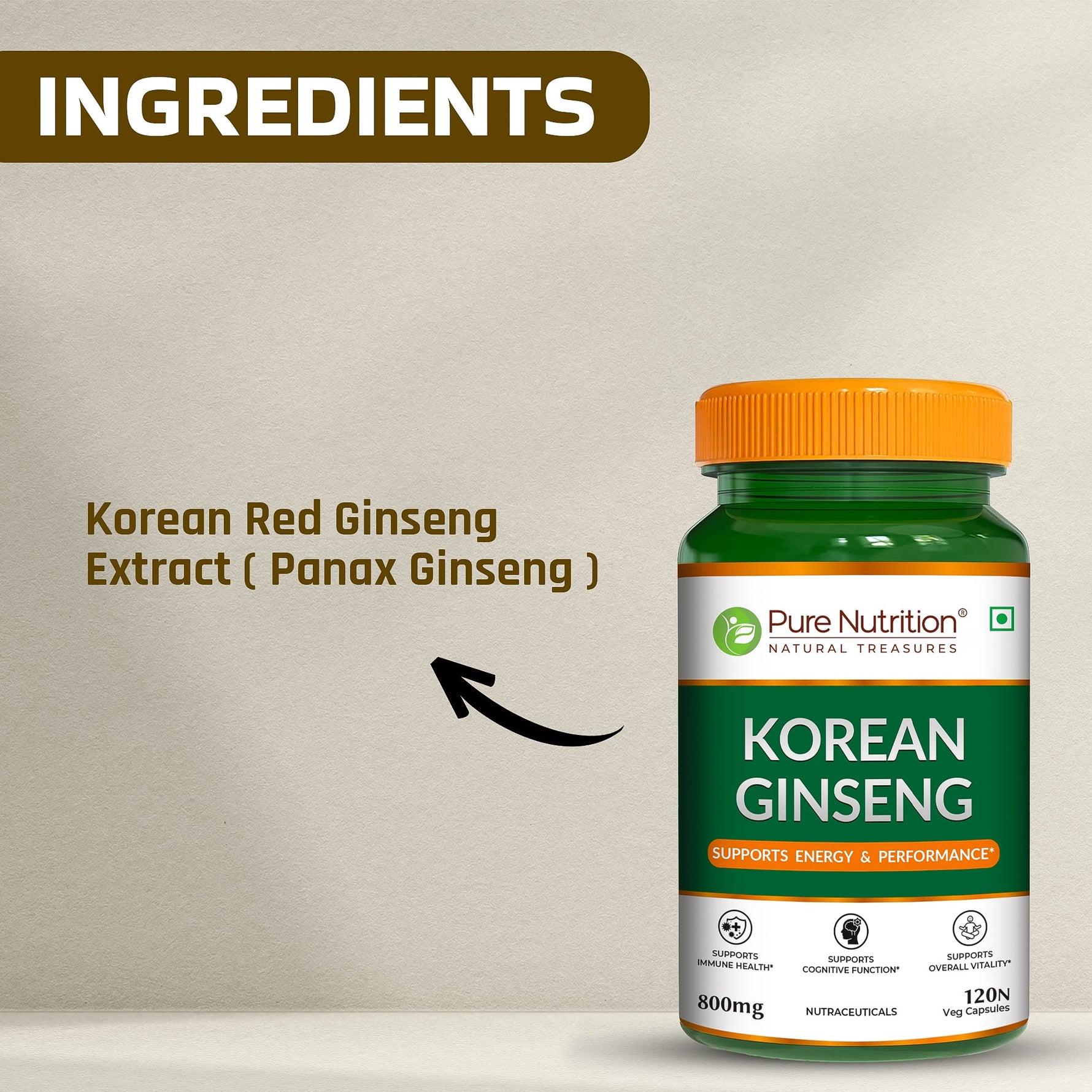 Pure Nutrition Korean Ginseng 800mg - 120 Capsules | Red Panax Ginseng Supplement for Men and Women | Boosts Energy & Focus | Supports Cognitive Function, Vitality, Strength & Immunity