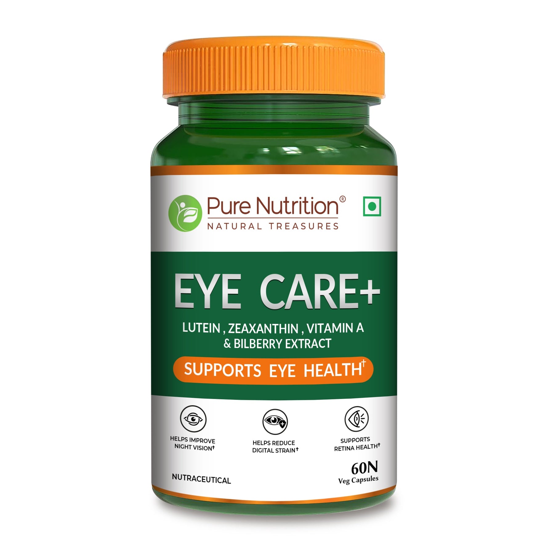 Pure Nutrition Eye Care+ 60 Veg Capsules with Lutein, Zeaxanthin, Vitamin A & Bilberry Extract | Support Retina Health | Improve Night Vision, Blue Light & Digital Guard
