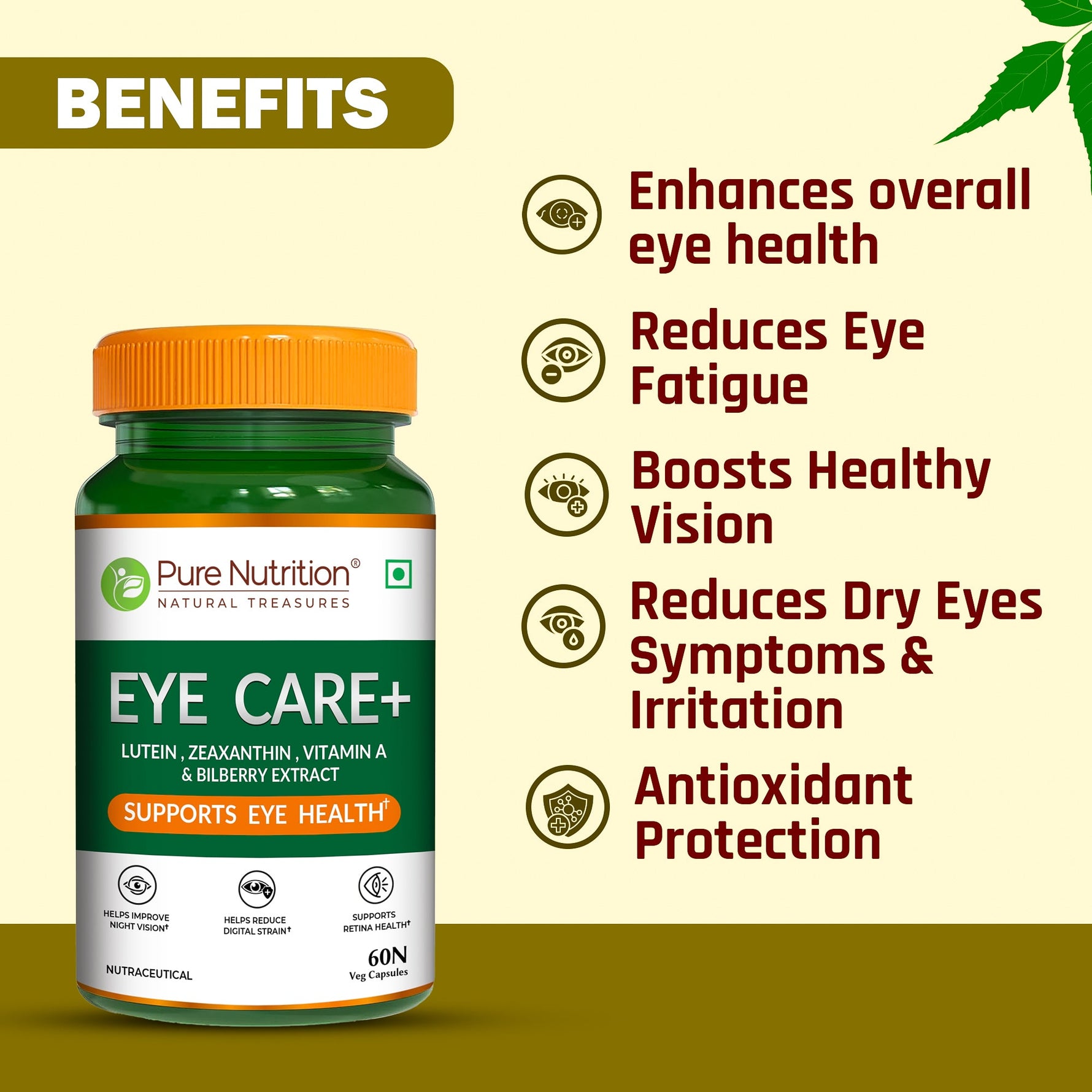 Pure Nutrition Eye Care+ 60 Veg Capsules with Lutein, Zeaxanthin, Vitamin A & Bilberry Extract | Support Retina Health | Improve Night Vision, Blue Light & Digital Guard