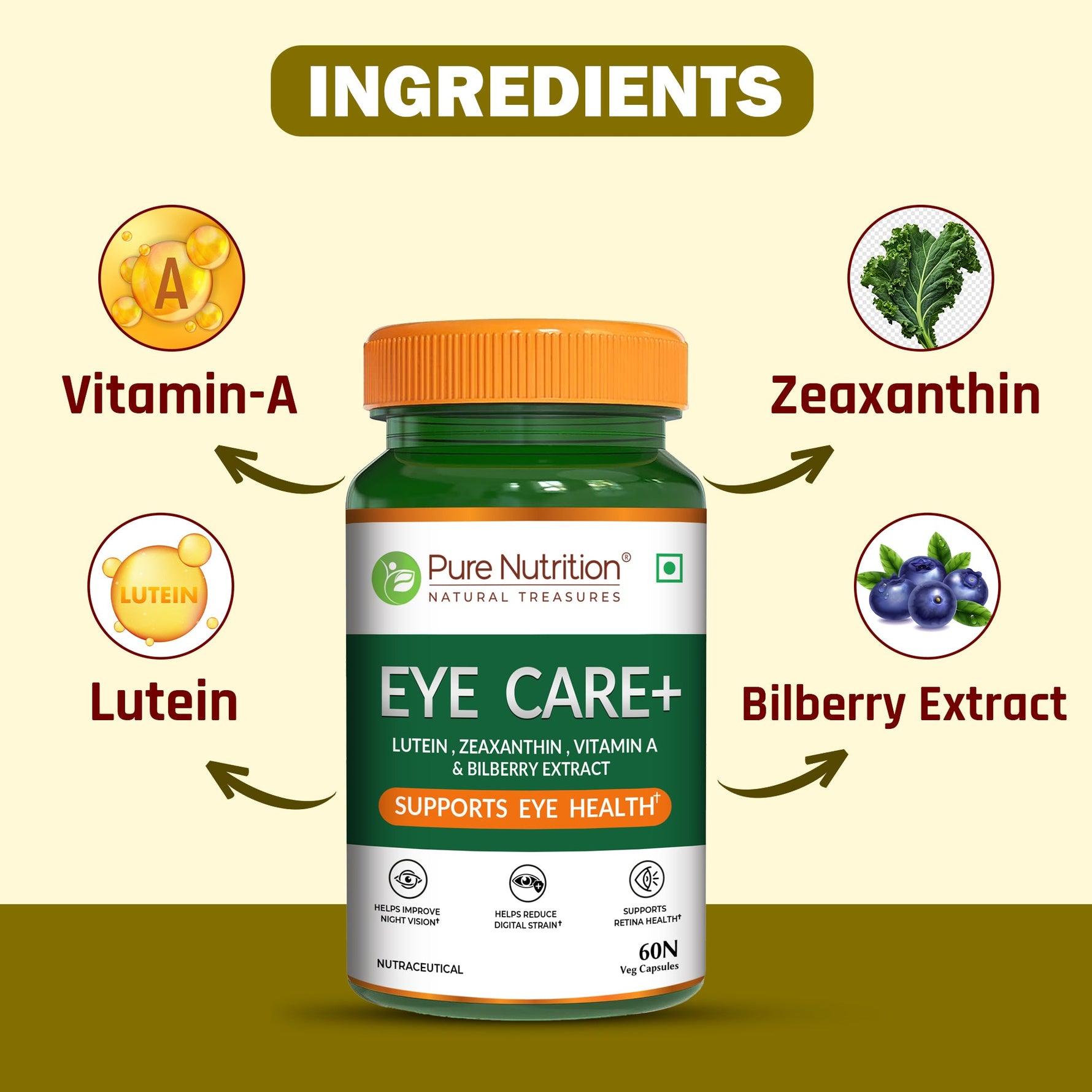 Pure Nutrition Eye Care+ 60 Veg Capsules with Lutein, Zeaxanthin, Vitamin A & Bilberry Extract | Support Retina Health | Improve Night Vision, Blue Light & Digital Guard