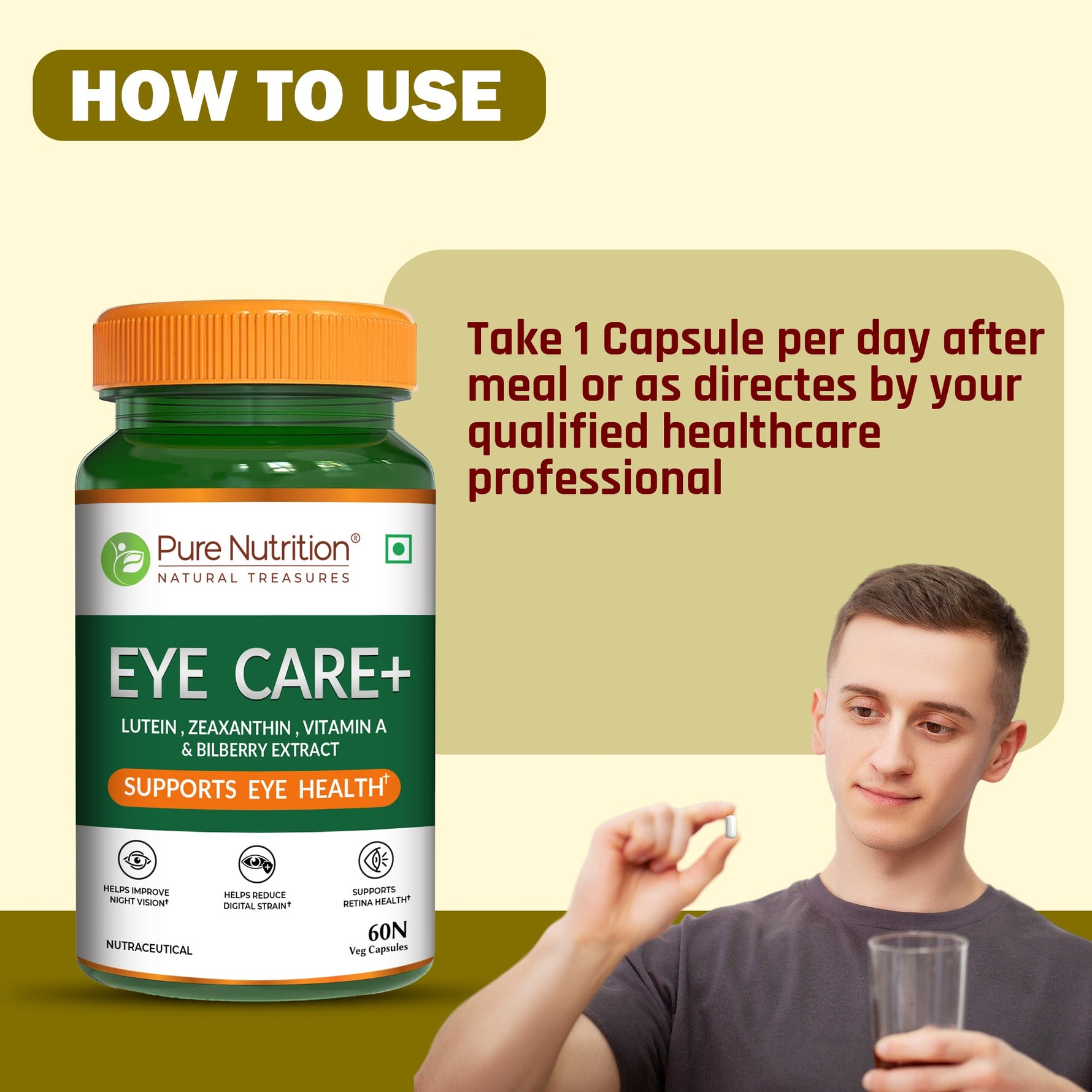 Pure Nutrition Eye Care+ 60 Veg Capsules with Lutein, Zeaxanthin, Vitamin A & Bilberry Extract | Support Retina Health | Improve Night Vision, Blue Light & Digital Guard