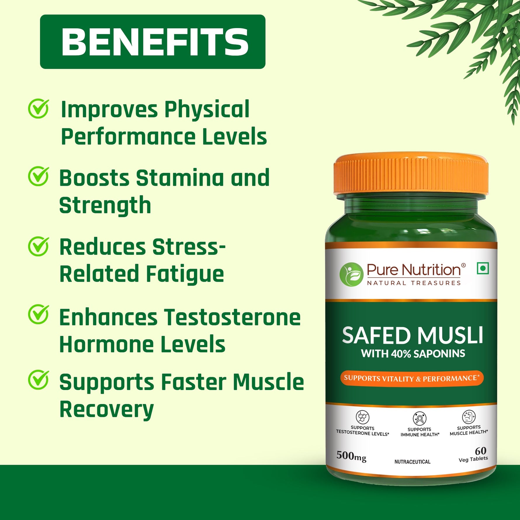 Pure Nutrition Safed Musali – 500mg, 60 Veg Tablets | Ayurvedic Herbal Supplement for Muscle Strength, Stamina, Immunity, Energy & Endurance