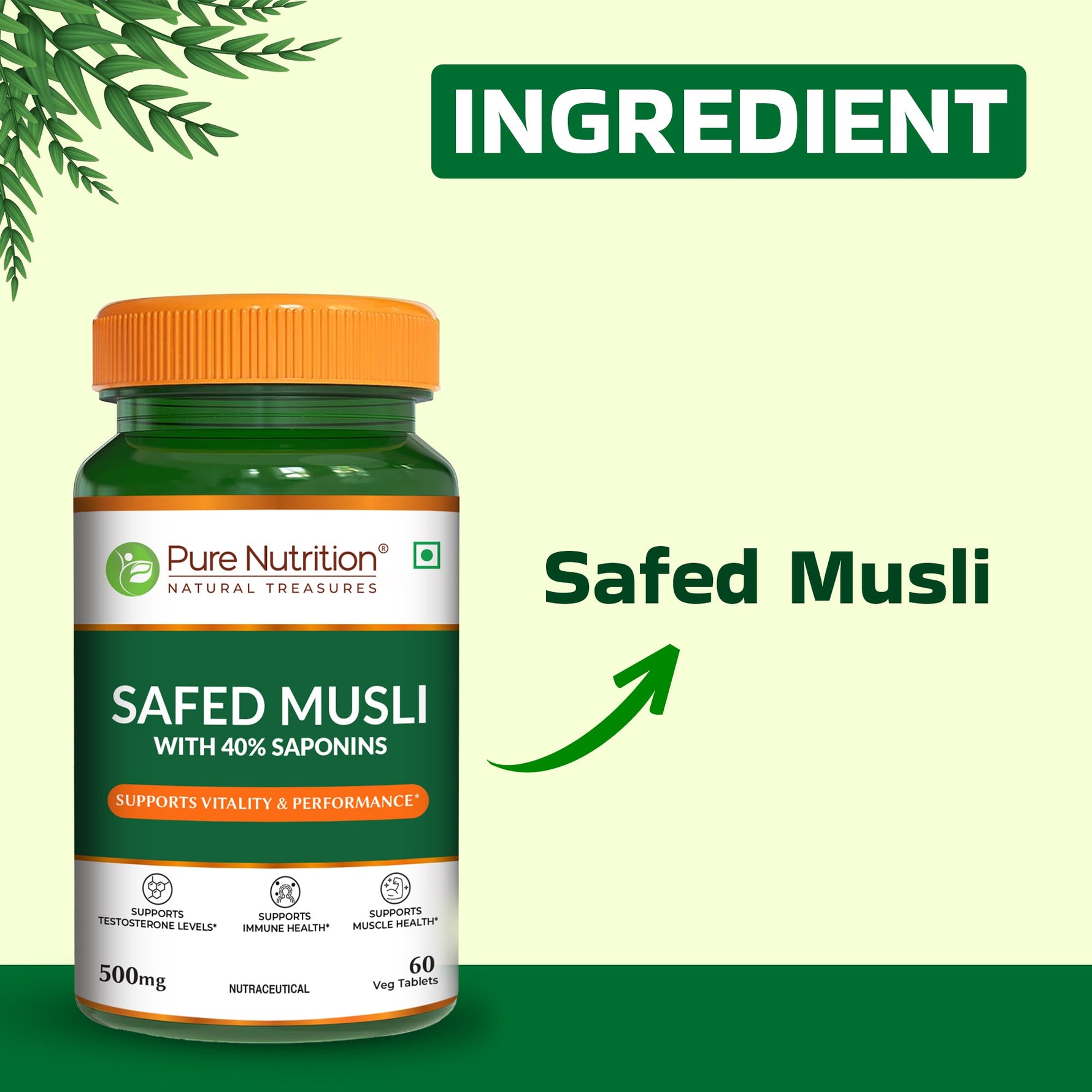 Pure Nutrition Safed Musali – 500mg, 60 Veg Tablets | Ayurvedic Herbal Supplement for Muscle Strength, Stamina, Immunity, Energy & Endurance