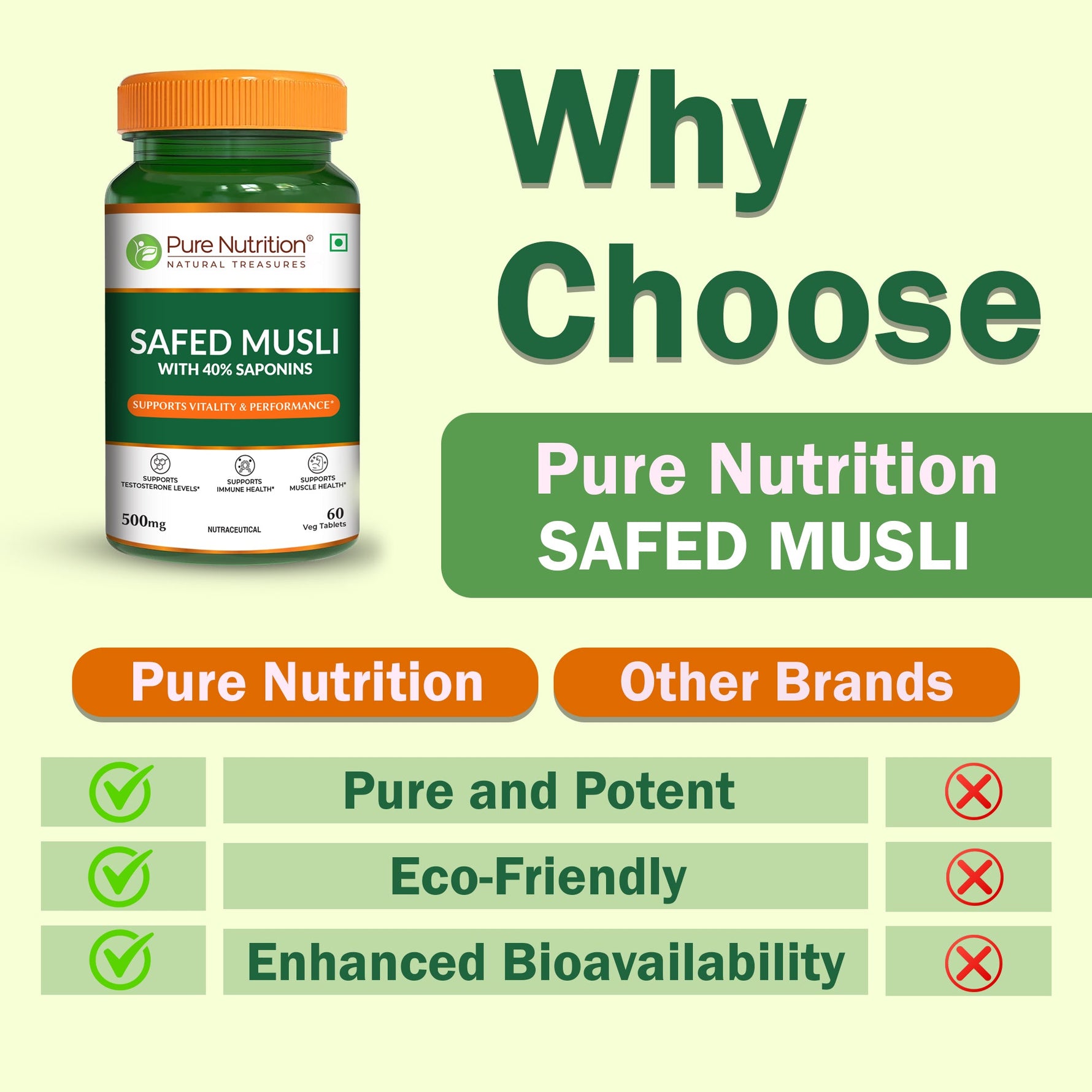 Pure Nutrition Safed Musali – 500mg, 60 Veg Tablets | Ayurvedic Herbal Supplement for Muscle Strength, Stamina, Immunity, Energy & Endurance