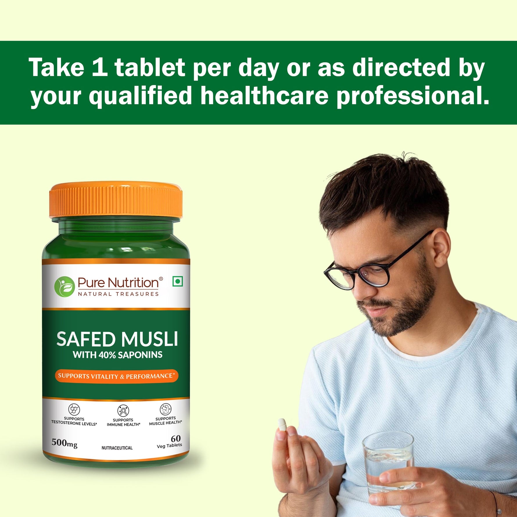 Pure Nutrition Safed Musali – 500mg, 60 Veg Tablets | Ayurvedic Herbal Supplement for Muscle Strength, Stamina, Immunity, Energy & Endurance