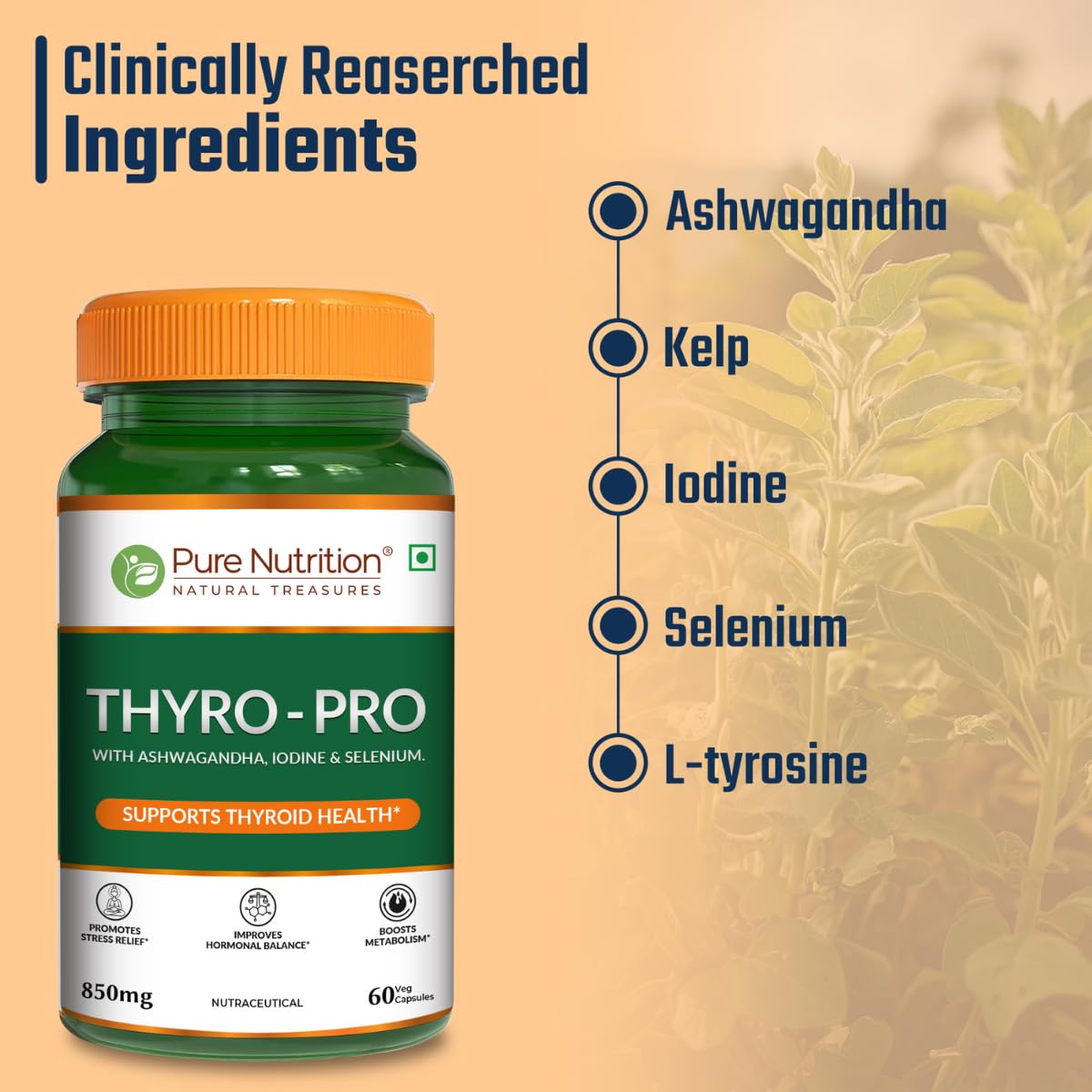 Pure Nutrition Thyro Pro - 60 Veg Capsules | With Ashwagandha, Iodine & Selenium | Supports Thyroid Function, Balances Hormones| Promotes Overall Wellness