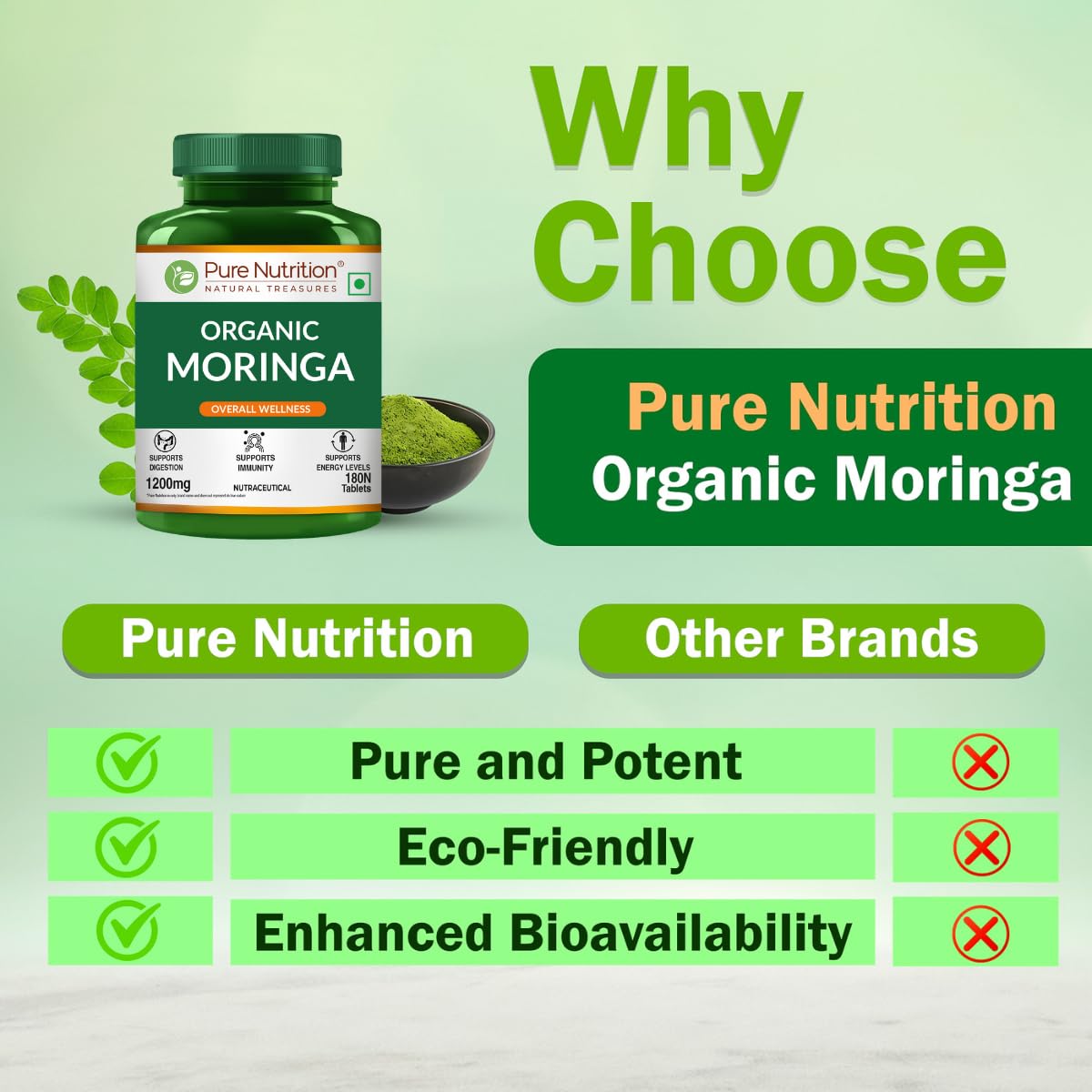 Pure Nutrition Moringa 1200mg -  180 Veg Tablets | Rich in Antioxidants, Vitamins & Minerals | Supports Healthy Digestion, Immunity, Energy Levels & Detox | Superfood Supplement for Men & Women