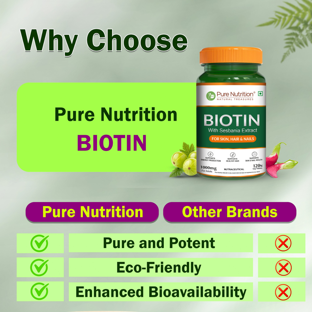 Pure Nutrition Biotin 10000 mcg, 120 Tablets | Supports Hair Growth, Strong Nails & Healthy Skin | High Potency Biotin Supplement for Men & Women