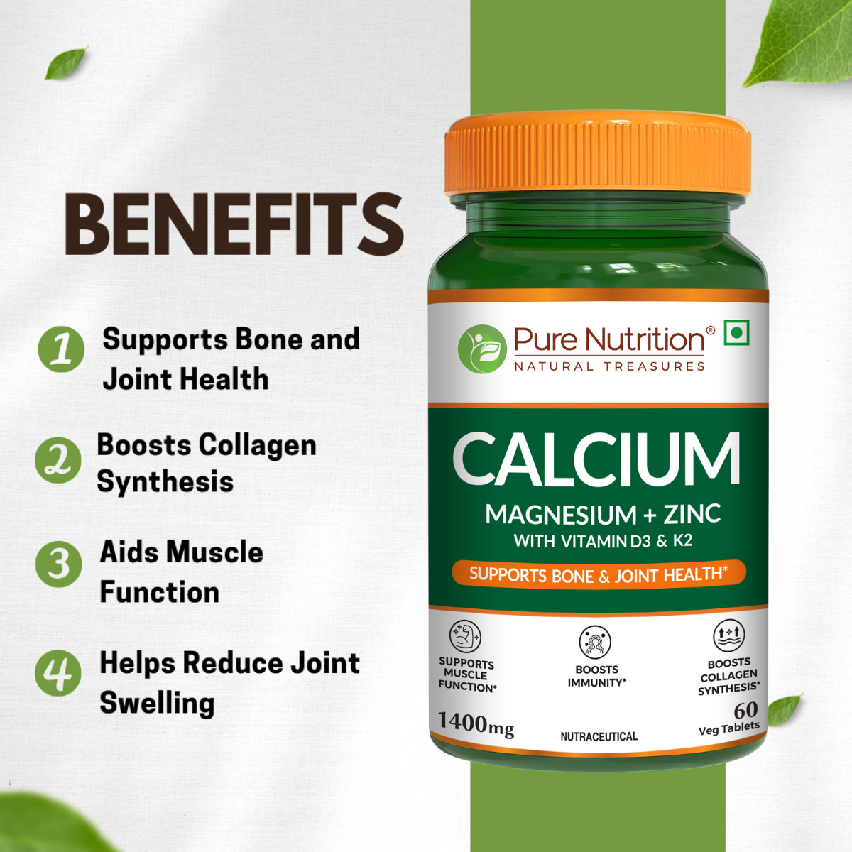 Pure Nutrition Calcium Citrate 120 Tablets with Magnesium, Zinc, Vitamin D3 & K2 (600 IU) – Supports Bone, Joint & Muscle Health, Boosts Collagen Synthesis for Men & Women