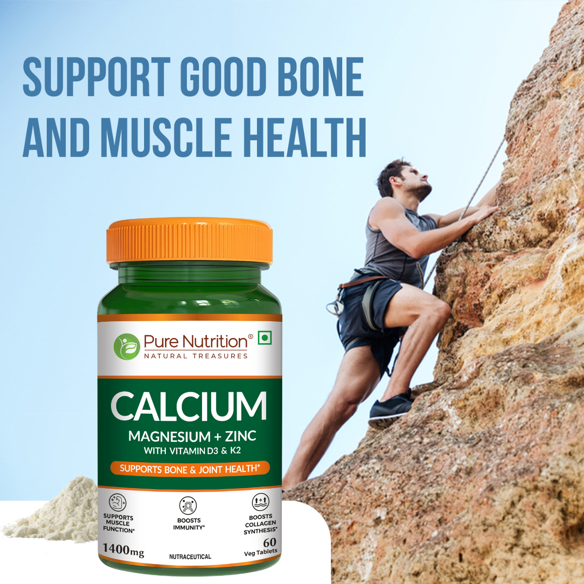 Pure Nutrition Calcium Citrate 120 Tablets with Magnesium, Zinc, Vitamin D3 & K2 (600 IU) – Supports Bone, Joint & Muscle Health, Boosts Collagen Synthesis for Men & Women