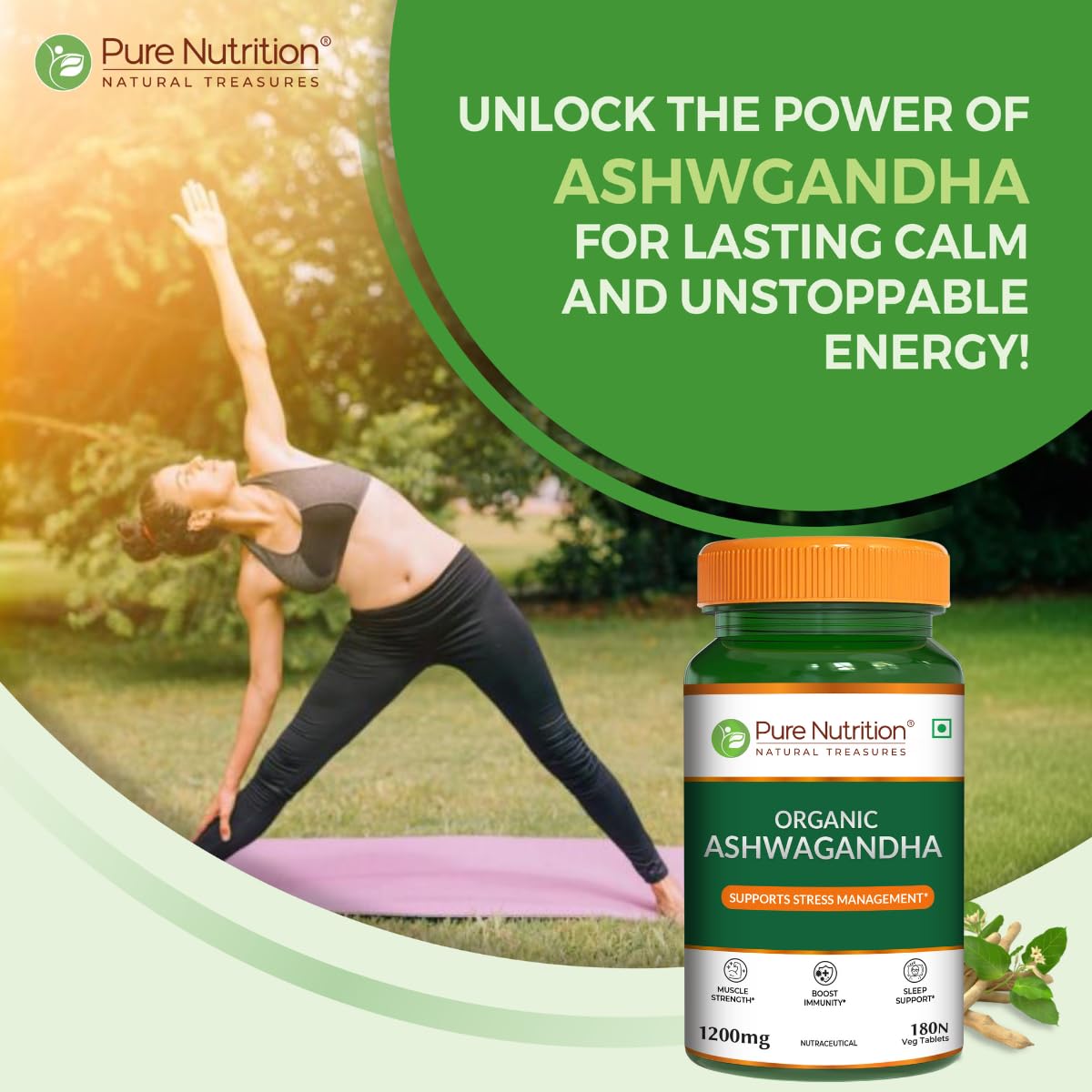 Pure Nutrition Organic Ashwagandha Tablets | 180 Veg Tablets | Supports Stress Relief, Sleep, Fertility, Immune Health, Vitality & Strength | Natural Adaptogen for Men & Women | Promotes Energy & Overall Wellness | Ayurvedic Supplement