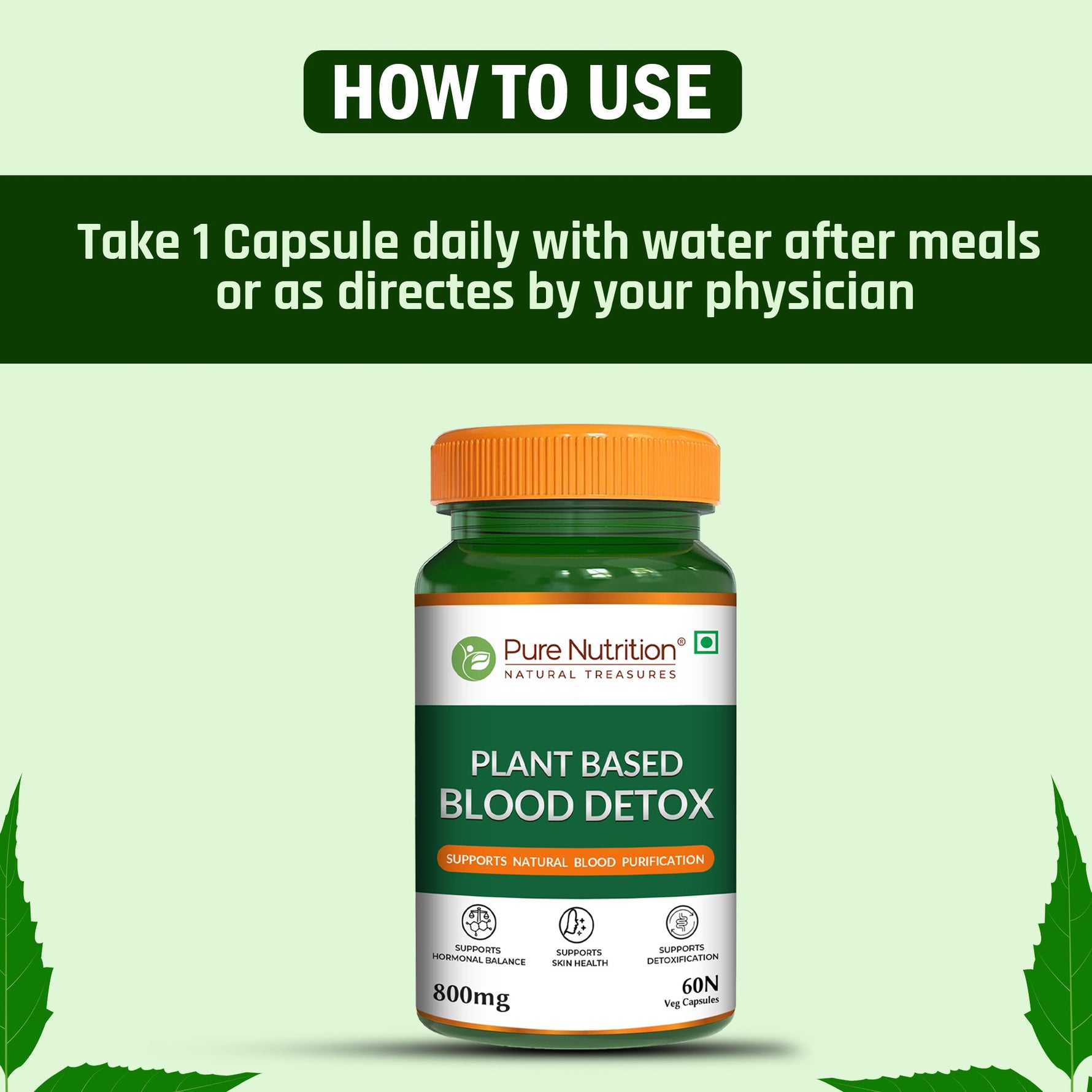 Pure Nutrition Plant-Based Blood Detox 800mg – 60 Veg Capsules | With Neem, Manjistha & Turmeric Extract | Natural Blood Purifier for Skin Health, Detox Support, Acne & Pimple Control