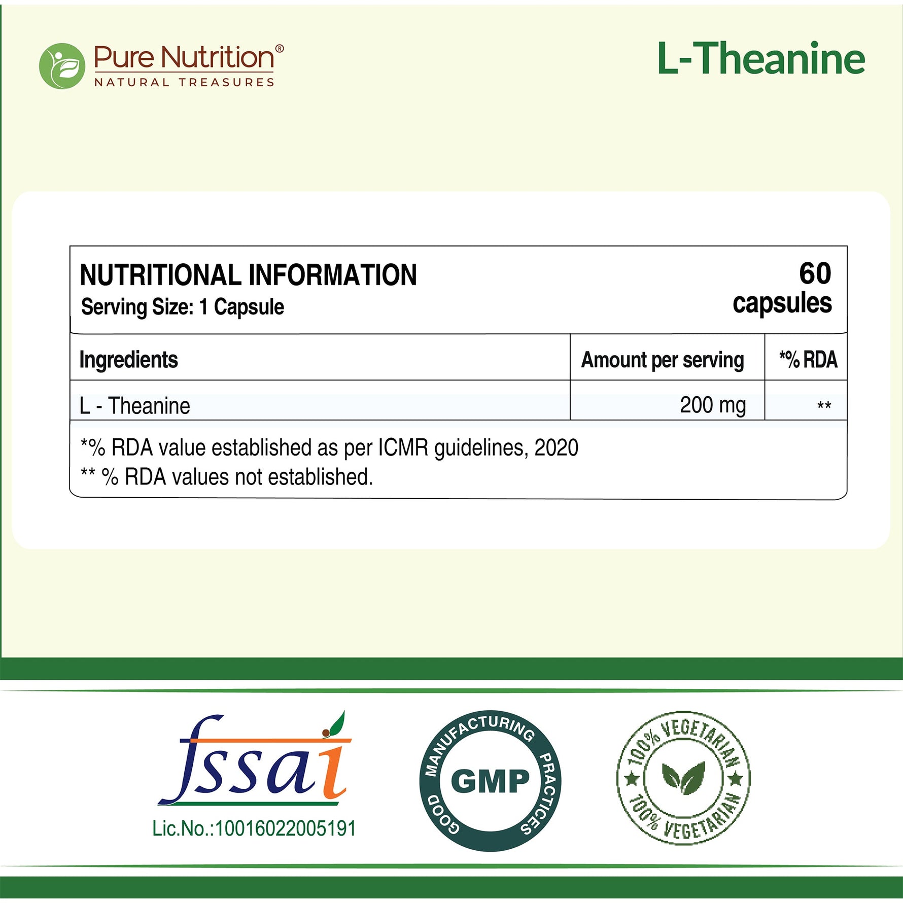Pure Nutrition L-Theanine 200mg – 60 Veg Capsules | L Theanine Supplement | Supports Stress Relief, Anxiety Reduction & Cognitive Health | Promotes Relaxation & Brain Function