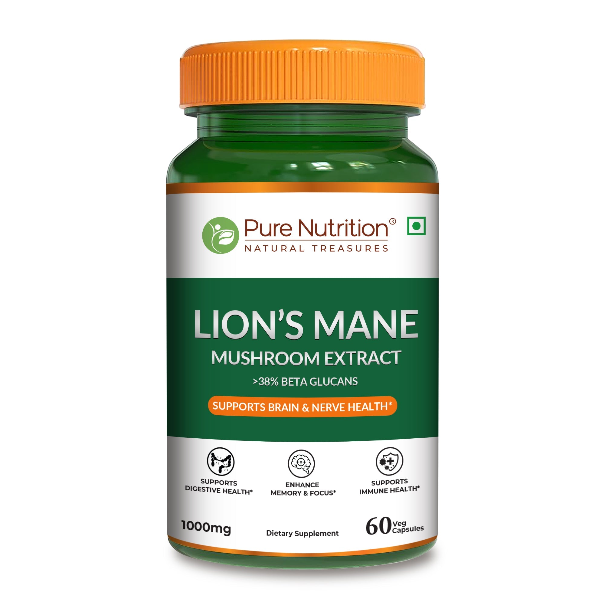 Pure Nutrition Lion’s Mane Mushroom Extract 1000mg – 60 Veg Capsules | >38% Beta Glucans | Supports Brain & Nerve Health | Memory, Focus, Immune & Digestive Support