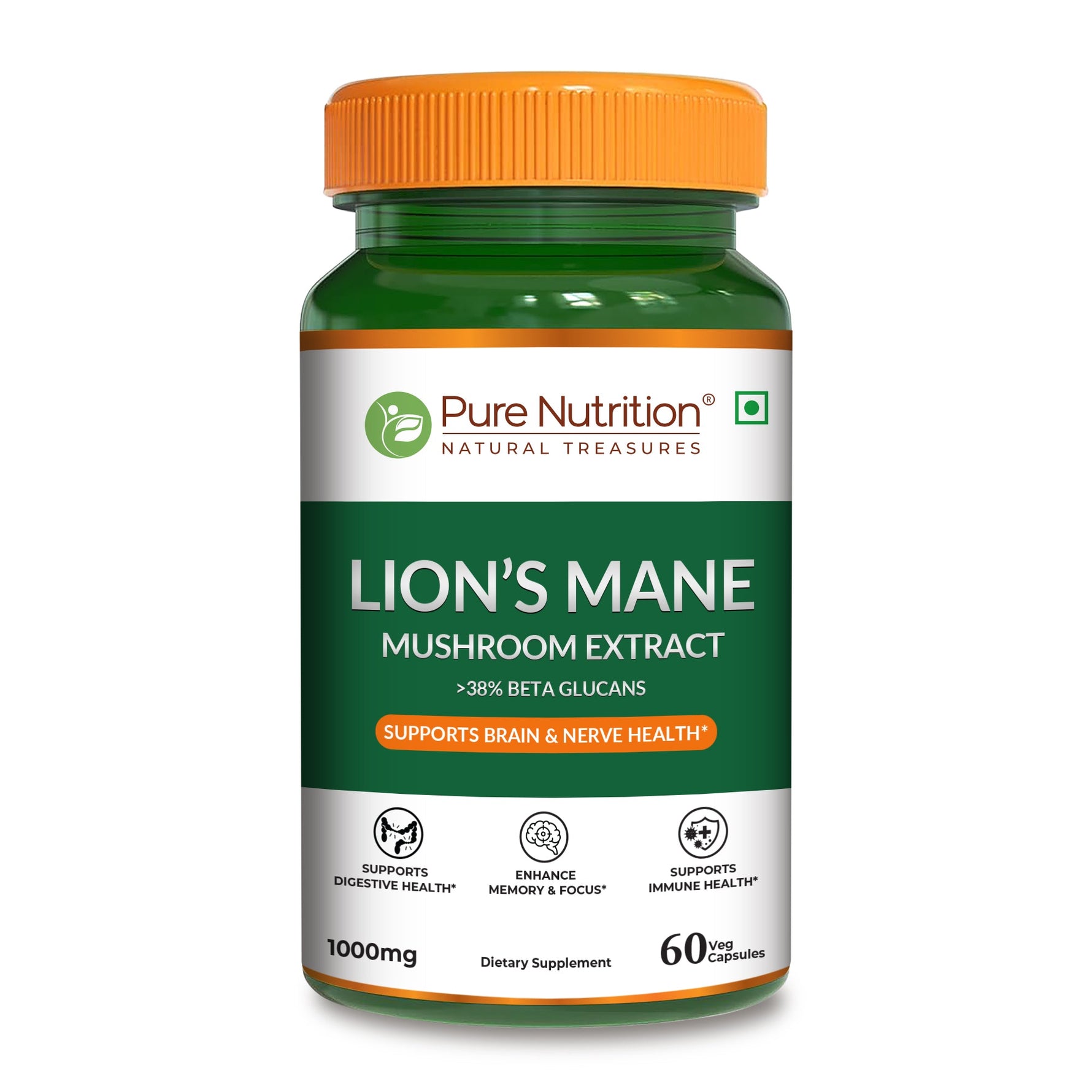 Pure Nutrition Lion’s Mane Mushroom Extract 1000mg – 60 Veg Capsules | >38% Beta Glucans | Supports Brain & Nerve Health | Memory, Focus, Immune & Digestive Support