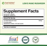 Pure Nutrition Lion’s Mane Mushroom Extract 1000mg – 60 Veg Capsules | >38% Beta Glucans | Supports Brain & Nerve Health | Memory, Focus, Immune & Digestive Support