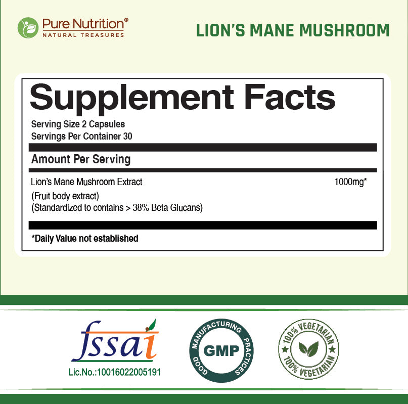 Pure Nutrition Lion’s Mane Mushroom Extract 1000mg – 60 Veg Capsules | >38% Beta Glucans | Supports Brain & Nerve Health | Memory, Focus, Immune & Digestive Support
