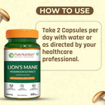 Pure Nutrition Lion’s Mane Mushroom Extract 1000mg – 60 Veg Capsules | >38% Beta Glucans | Supports Brain & Nerve Health | Memory, Focus, Immune & Digestive Support