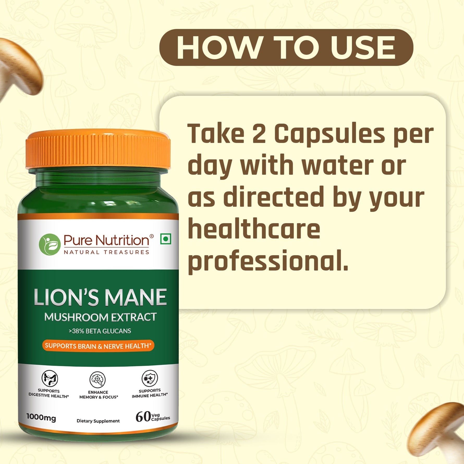Pure Nutrition Lion’s Mane Mushroom Extract 1000mg – 60 Veg Capsules | >38% Beta Glucans | Supports Brain & Nerve Health | Memory, Focus, Immune & Digestive Support